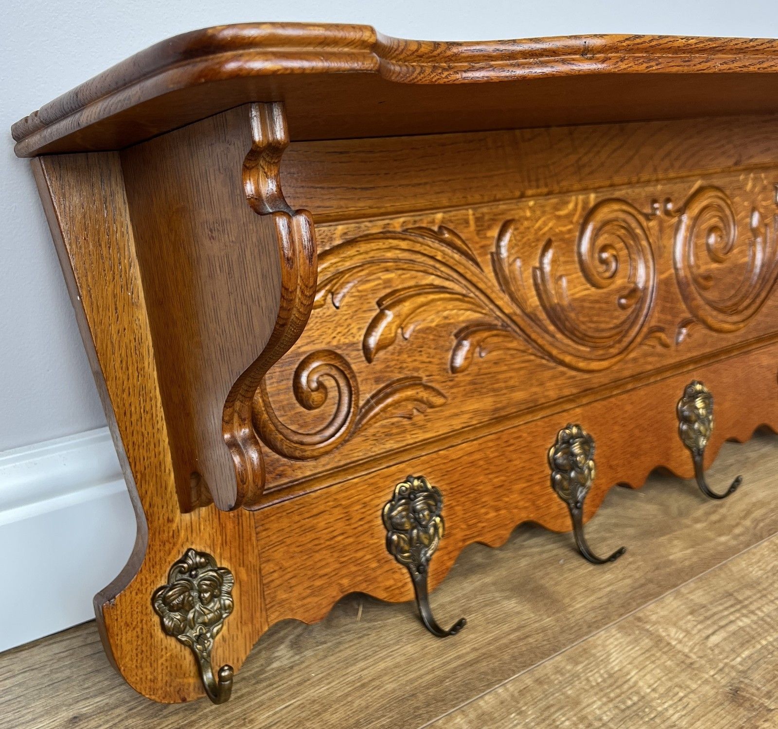 French Vintage Coat Rack Oak 7 Hooks Wall Shelf Carved Coat Hanger Lot 4903 photo buy