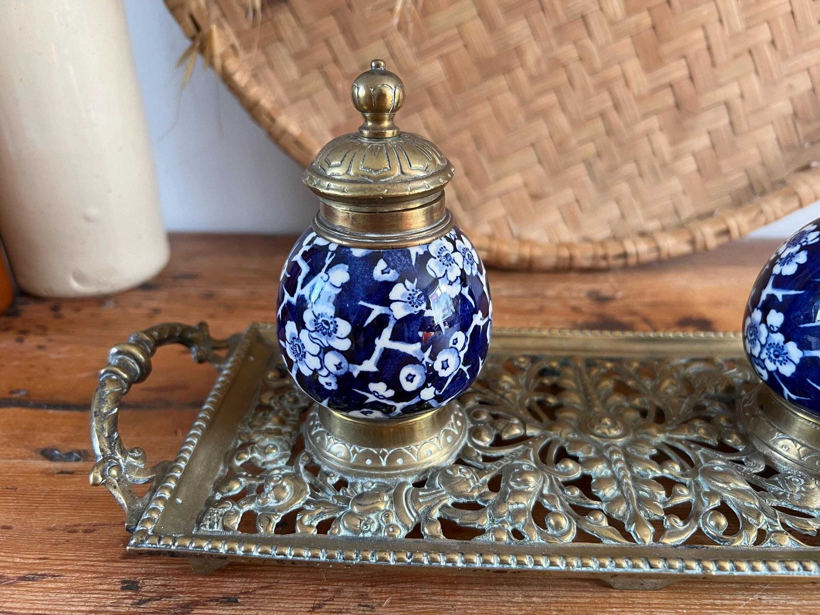 Antique Victorian Double Inkwell By Townshend & Co – Ornate Brass Inkstand With Blue White Prunus Porcelain Wells Original Ceramic Liners photo buy