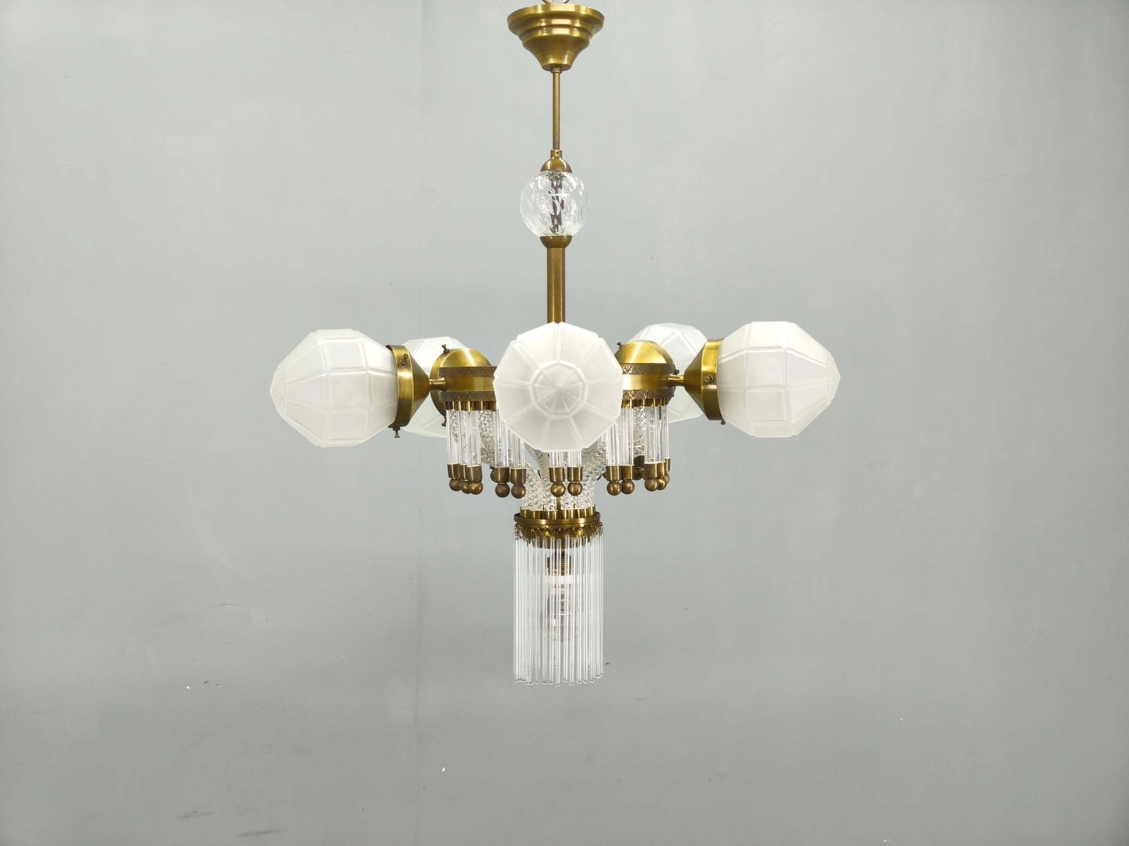 Czech Art Deco Brass And Glass Chandelier, 1950s photo for sale