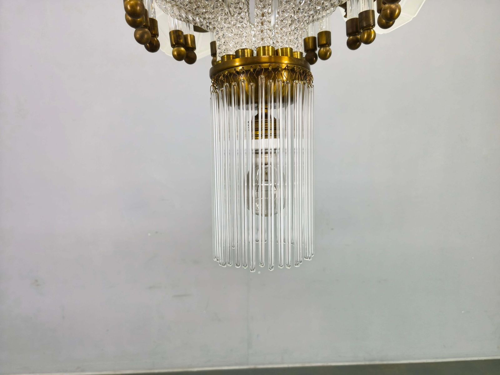 Czech Art Deco Brass And Glass Chandelier, 1950s photo vinterior