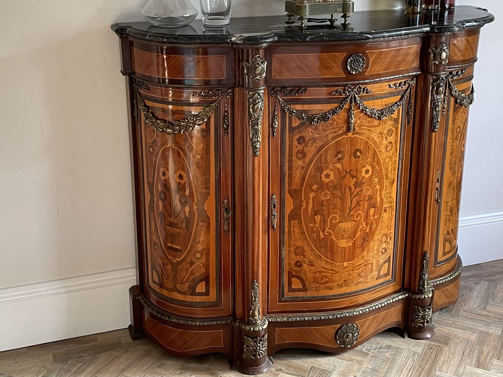 Fabulous Italian Reproduction Serpentine Shaped Marble Top Credenza photo 1285.0