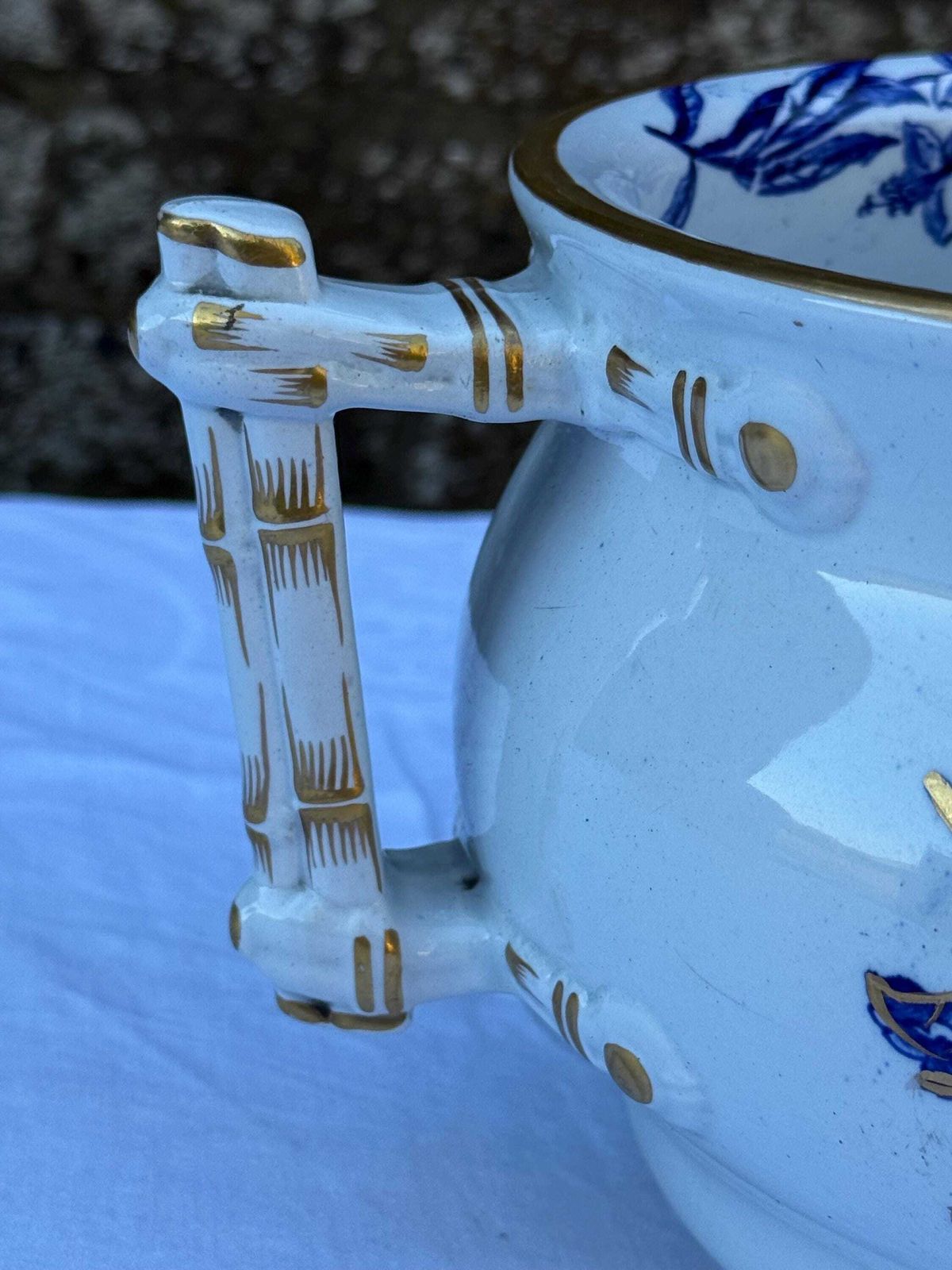 Victorian Ashworth Brothers Chamber Pot Blue Floral Gilt Ironstone Antique Planter photo vinterior