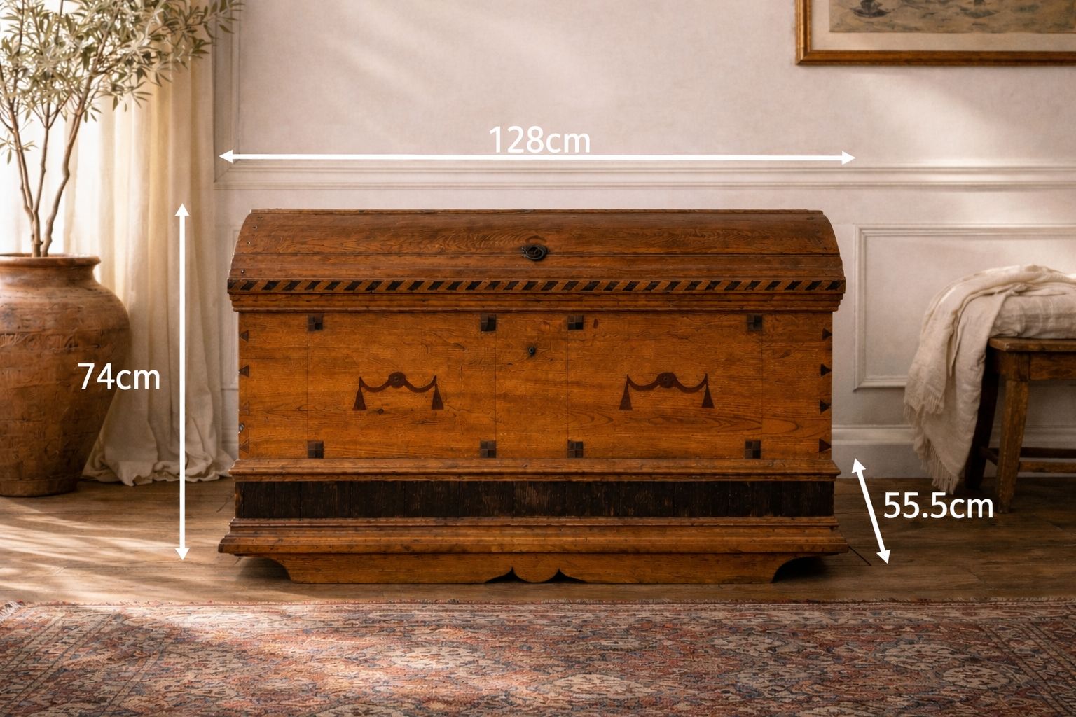 Antique 18th Century Dutch Oak Coffer – Chevron Inlays & Original Iron Handles photo for sale