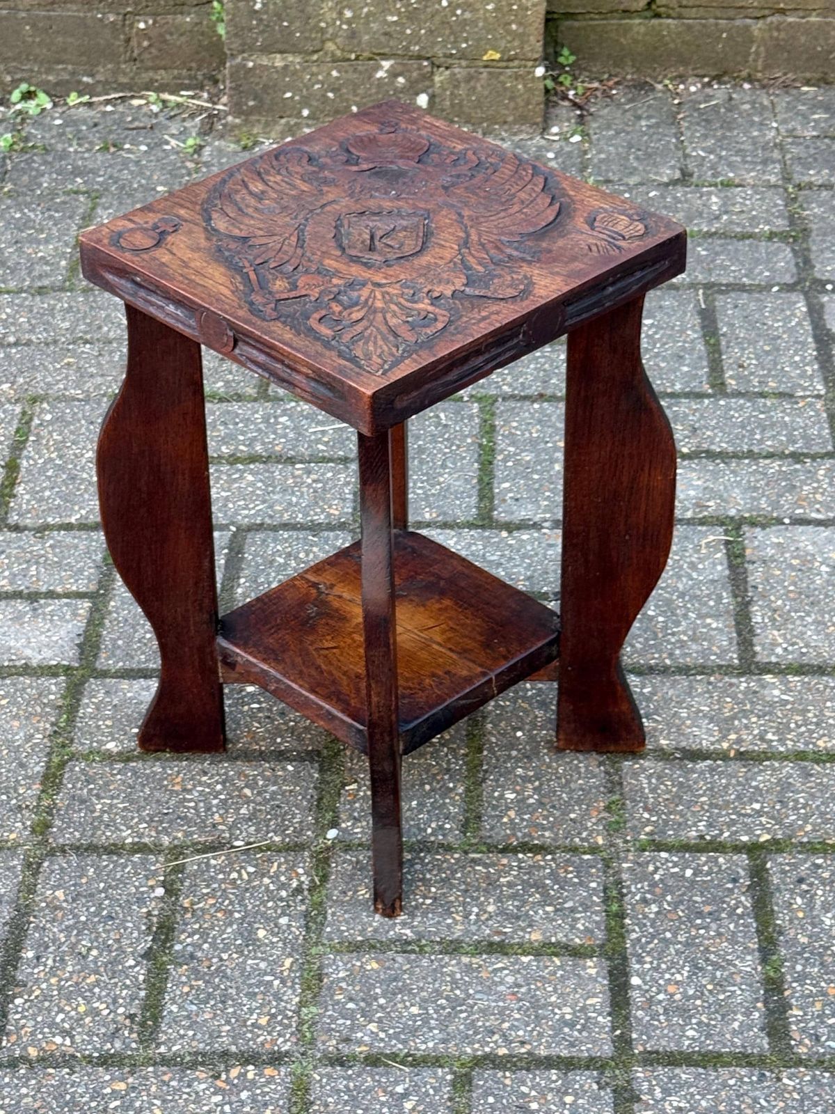 Vintage Circa 1930s Carved Oak Occasional Table Heraldic Crest Double Eagle Gothic Style photo furniture