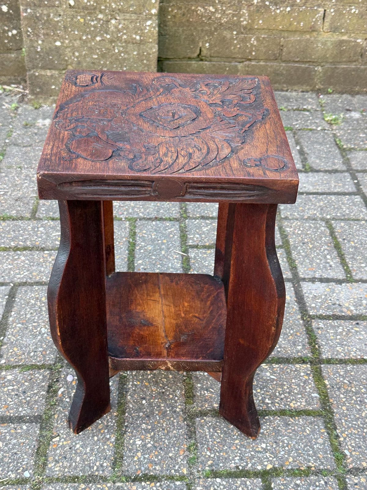 photo for sale Vintage Circa 1930s Carved Oak Occasional Table Heraldic Crest Double Eagle Gothic Style