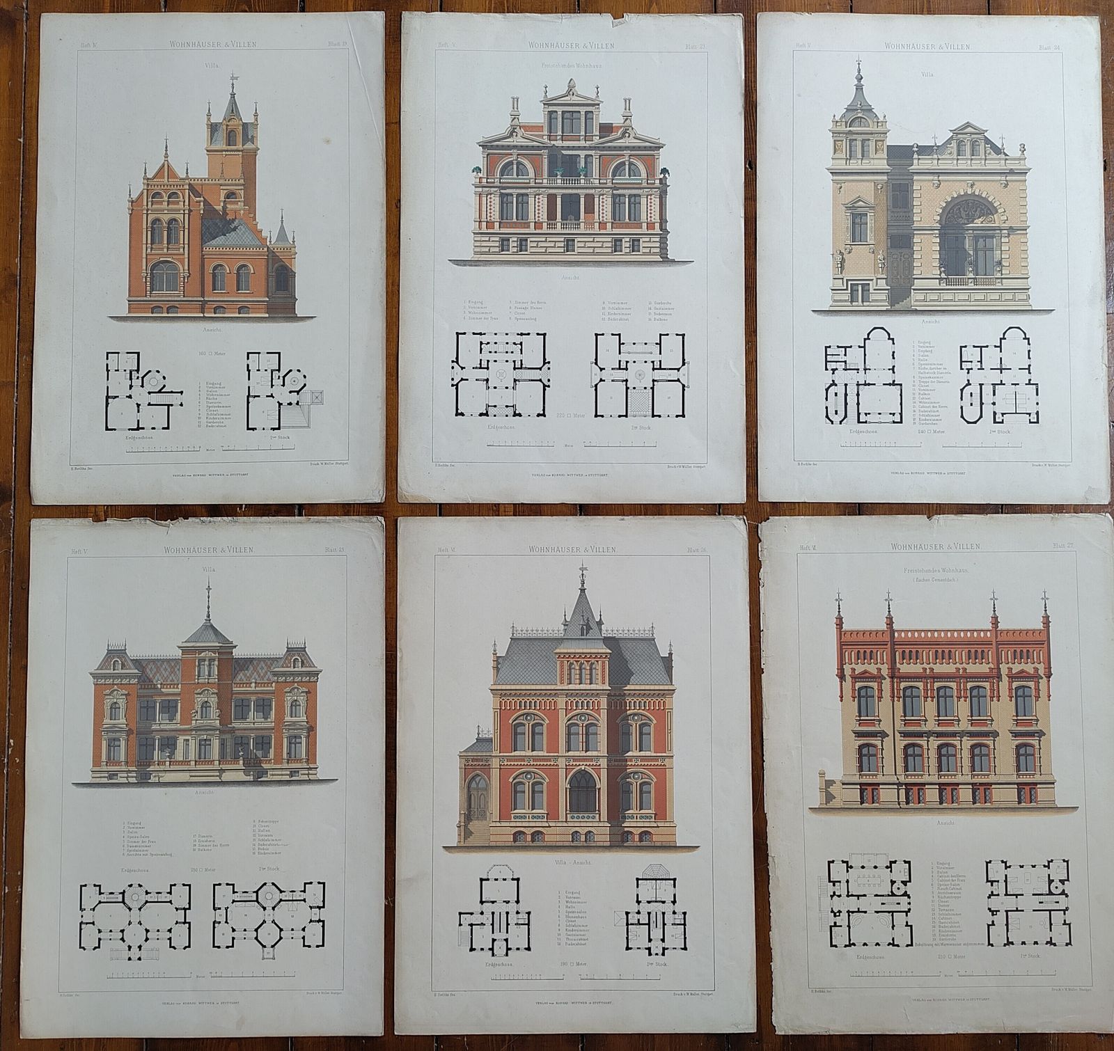 Set 3: 6 Large Antique 19thc Chromolithographs – Bethke ‘Villen’ Series, C.1885