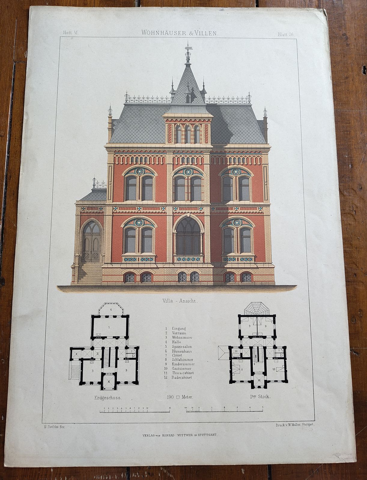 Set 3: 6 Large Antique 19thc Chromolithographs – Bethke ‘Villen’ Series, C.1885 photo vinterior