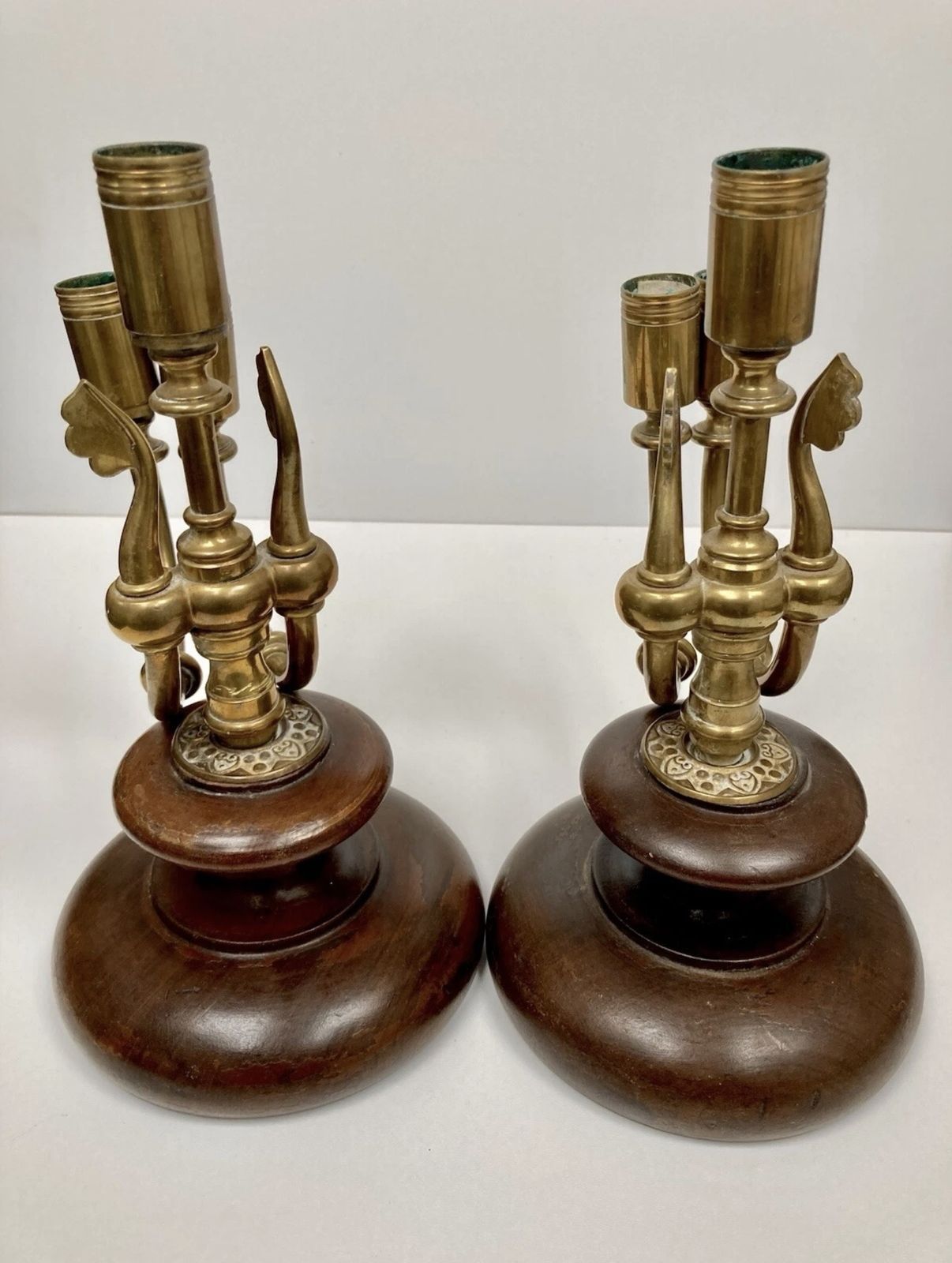 Pair Of Stunning Arts And Crafts Walnut And Brass Candlesticks  / Candelabras photo buy