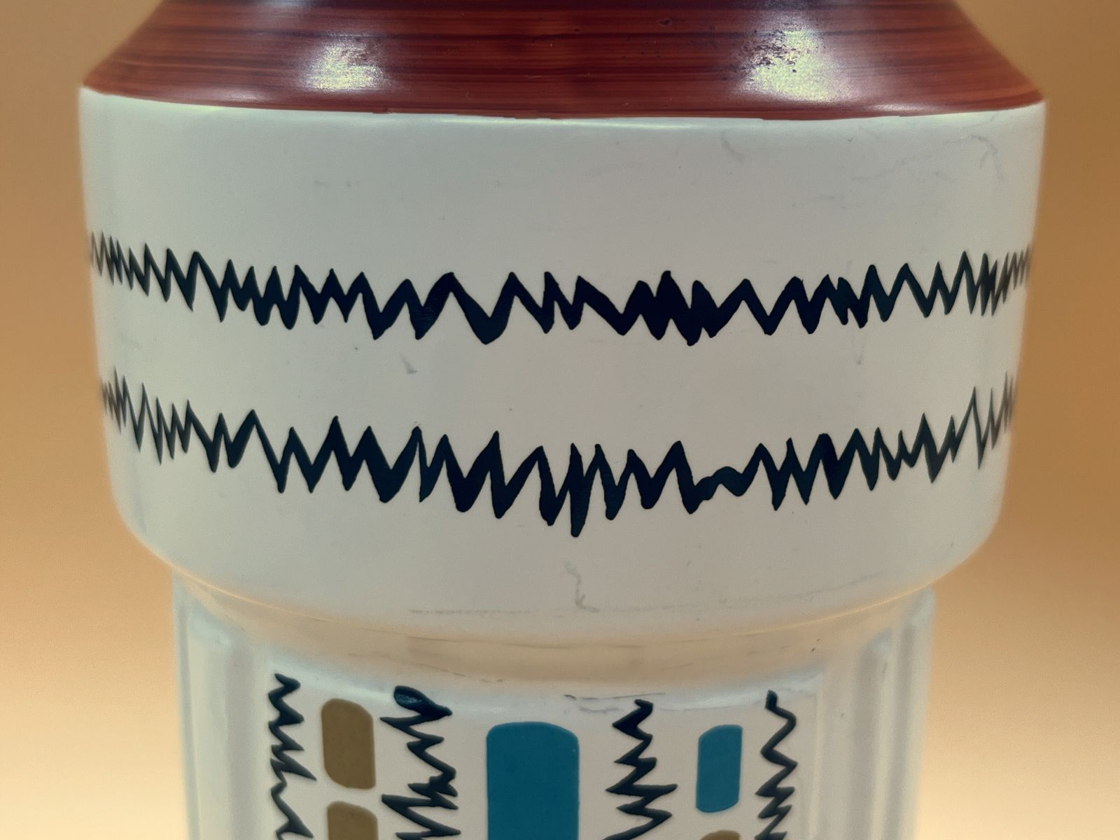 Mcm Crown Devon Pottery Hand Painted Geometric 1960's Vase Designed By Colin Melbourne. 1502.  Height Is 25cm Or 9.75". photo for sale