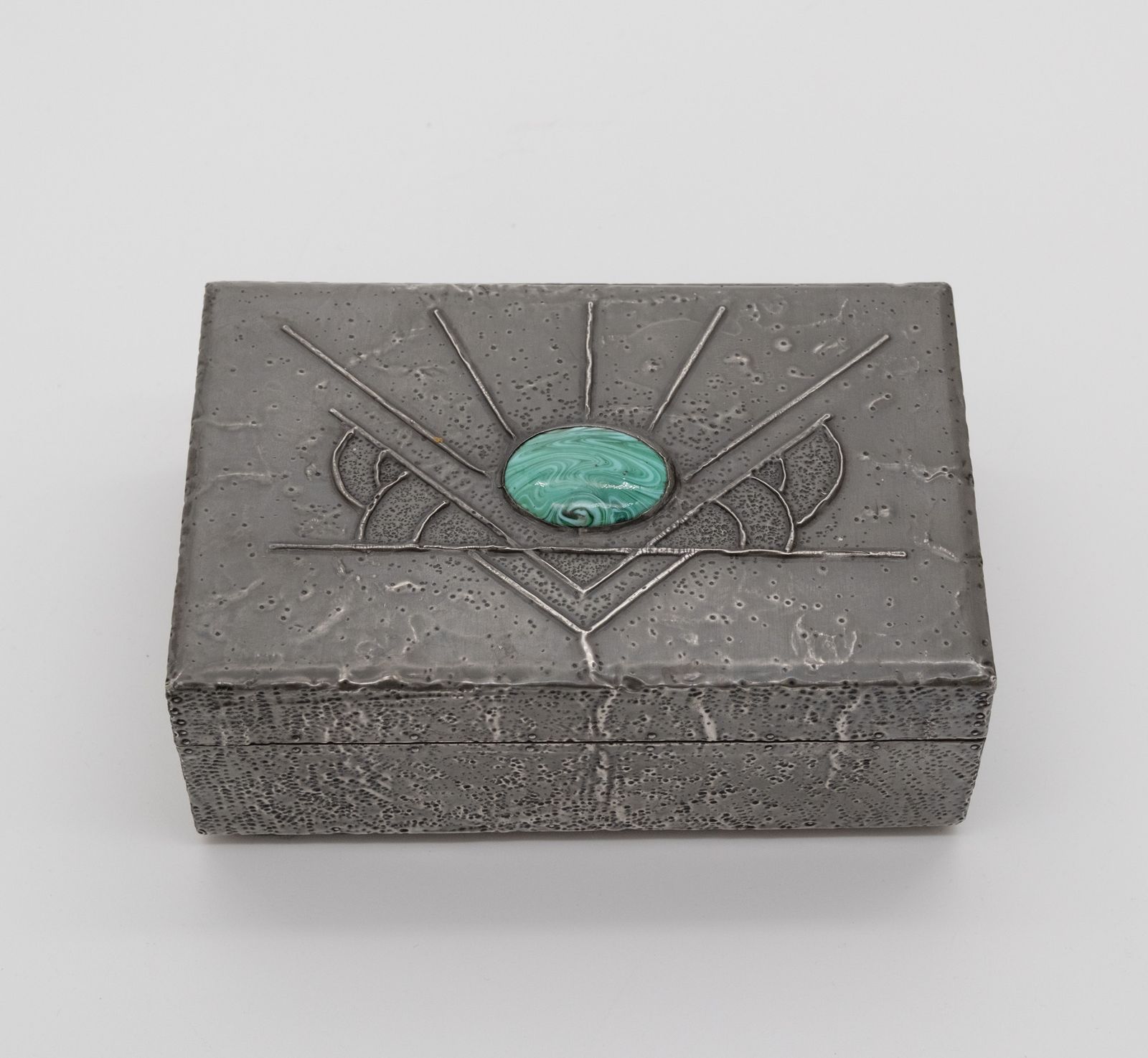 Art Deco / Arts & Crafts Pewter Box With Green Cabochon Sunrise photo furniture