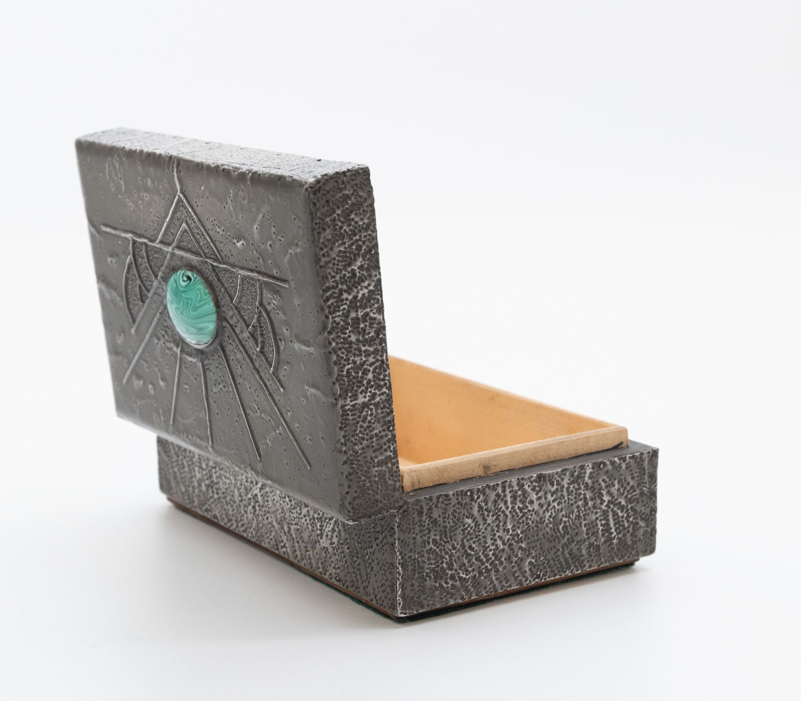 Art Deco / Arts & Crafts Pewter Box With Green Cabochon Sunrise photo for sale