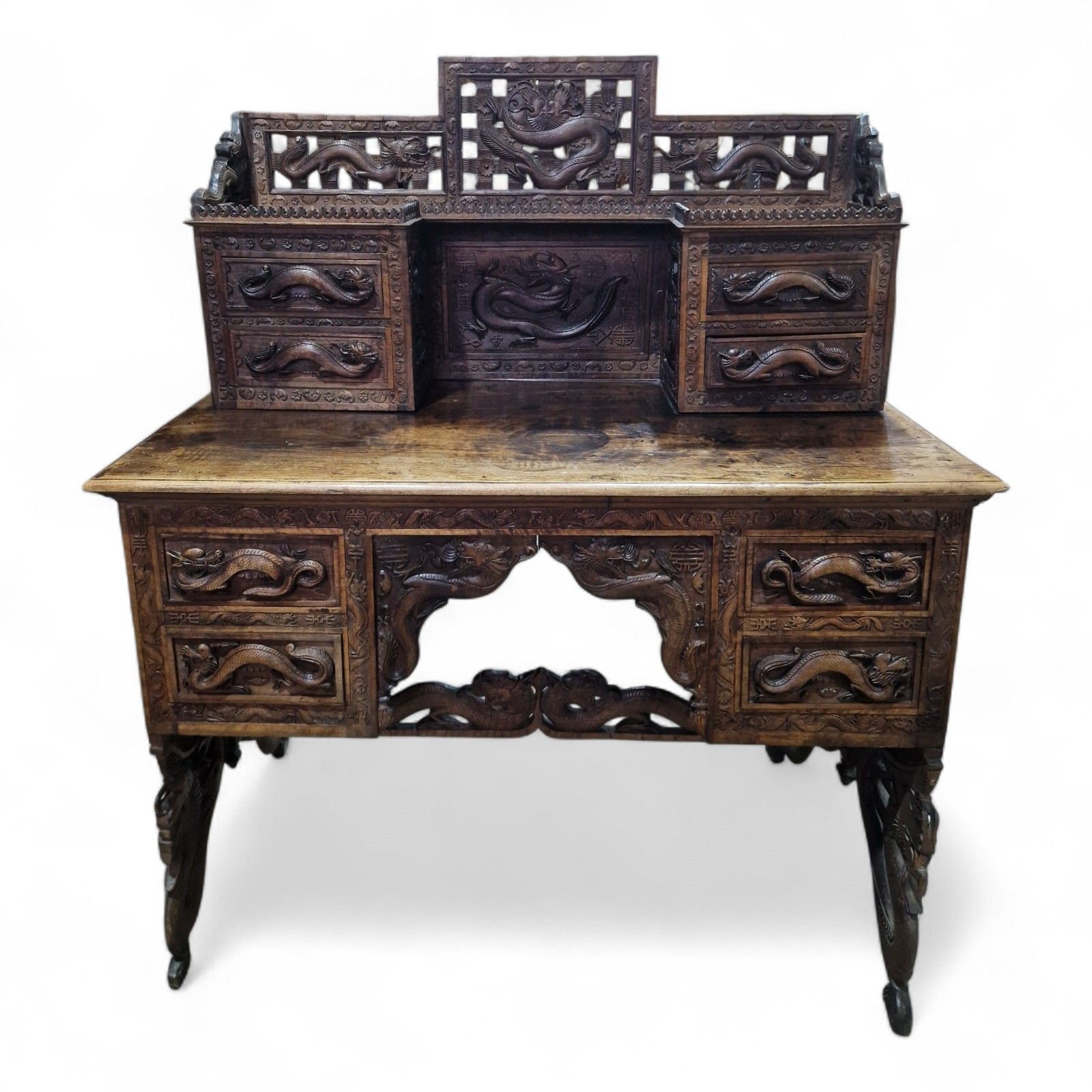 Large Antique Oriental Desk Heavily Carved Solid Wood Elm Very Nice Quality