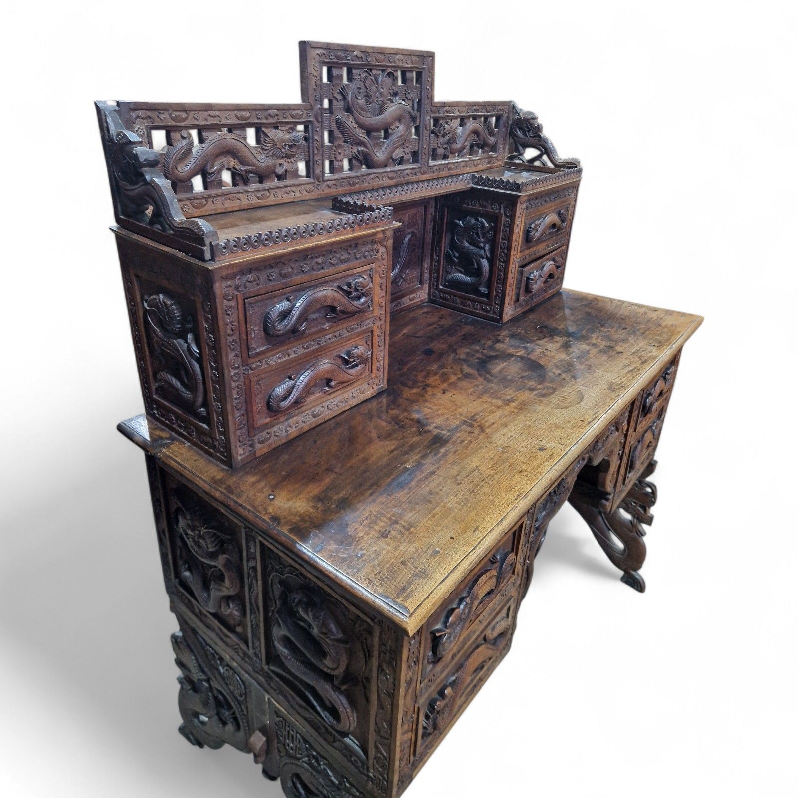Large Antique Oriental Desk Heavily Carved Solid Wood Elm Very Nice Quality photo vinterior