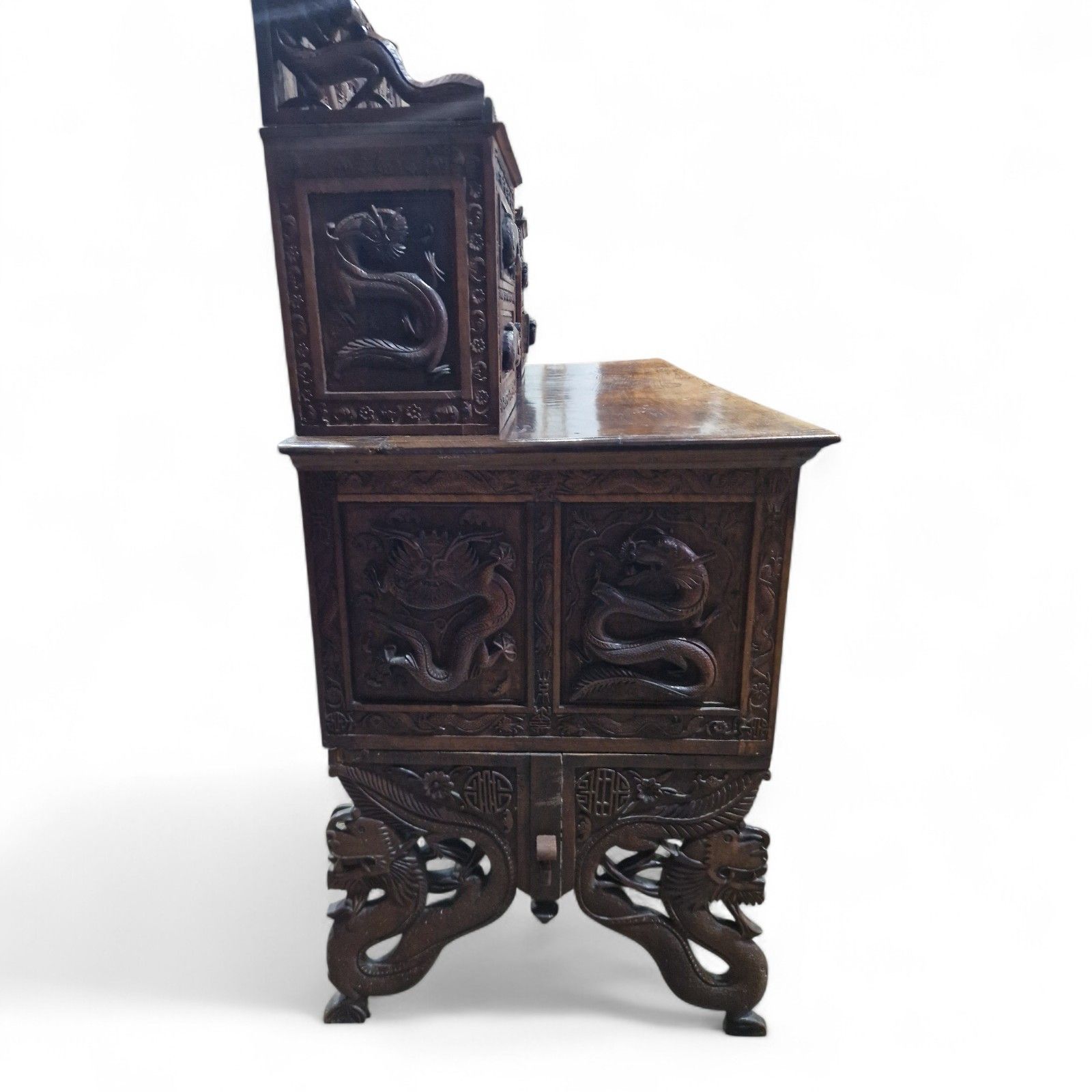 photo furniture Large Antique Oriental Desk Heavily Carved Solid Wood Elm Very Nice Quality