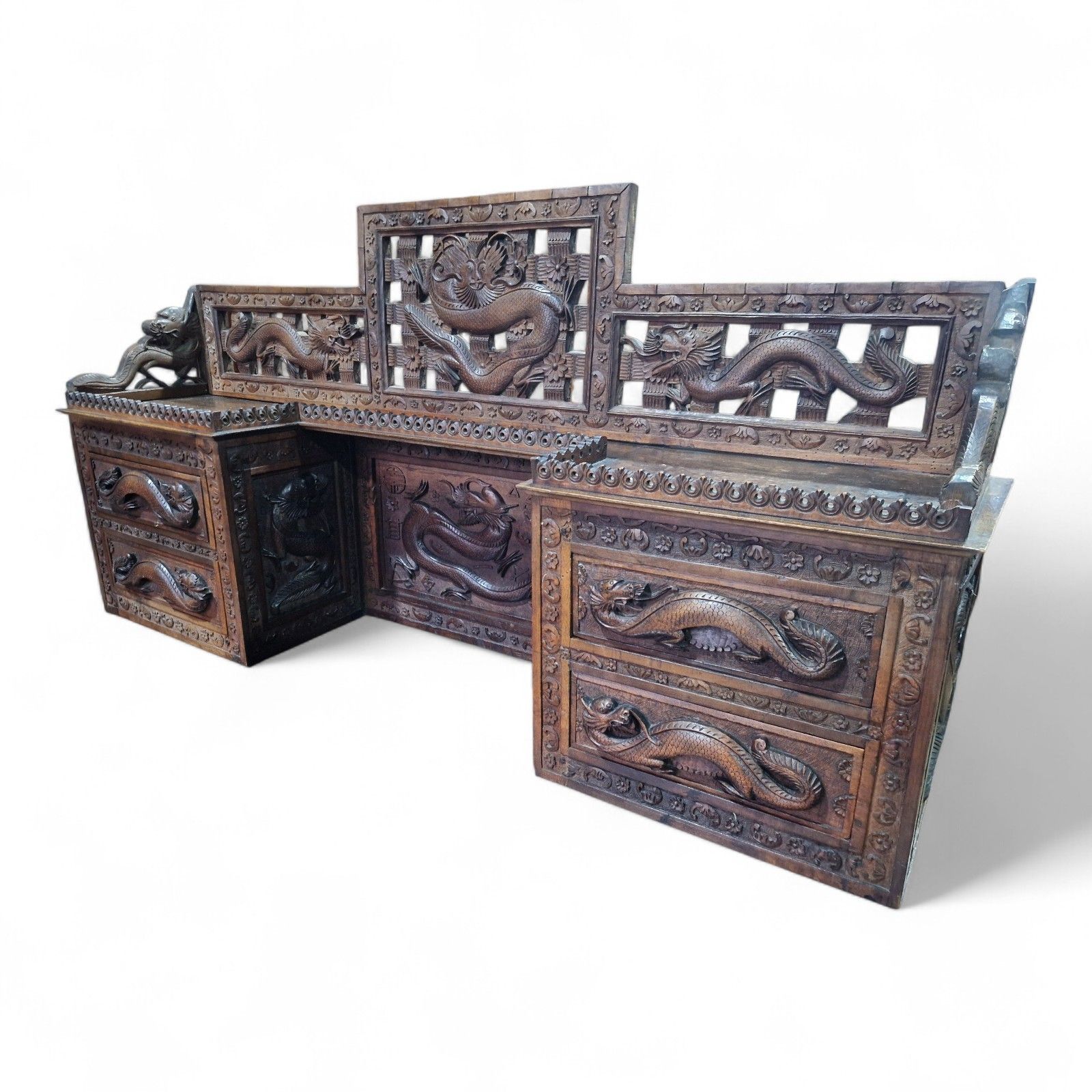 795.0 Large Antique Oriental Desk Heavily Carved Solid Wood Elm Very Nice Quality photo