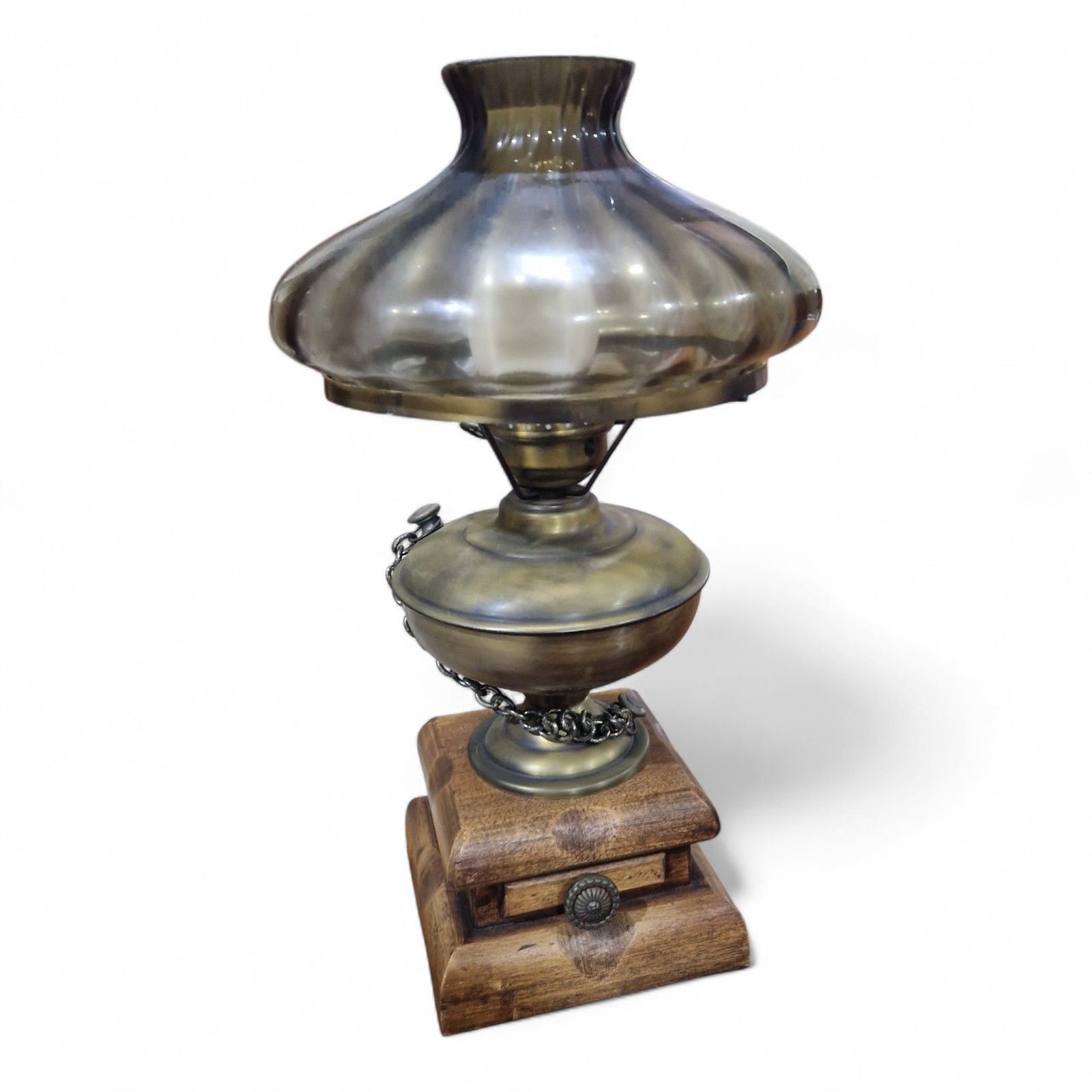Antique Desk Light Converted Glass Chimney Oil Lamp Smoked Glass Globe photo for sale
