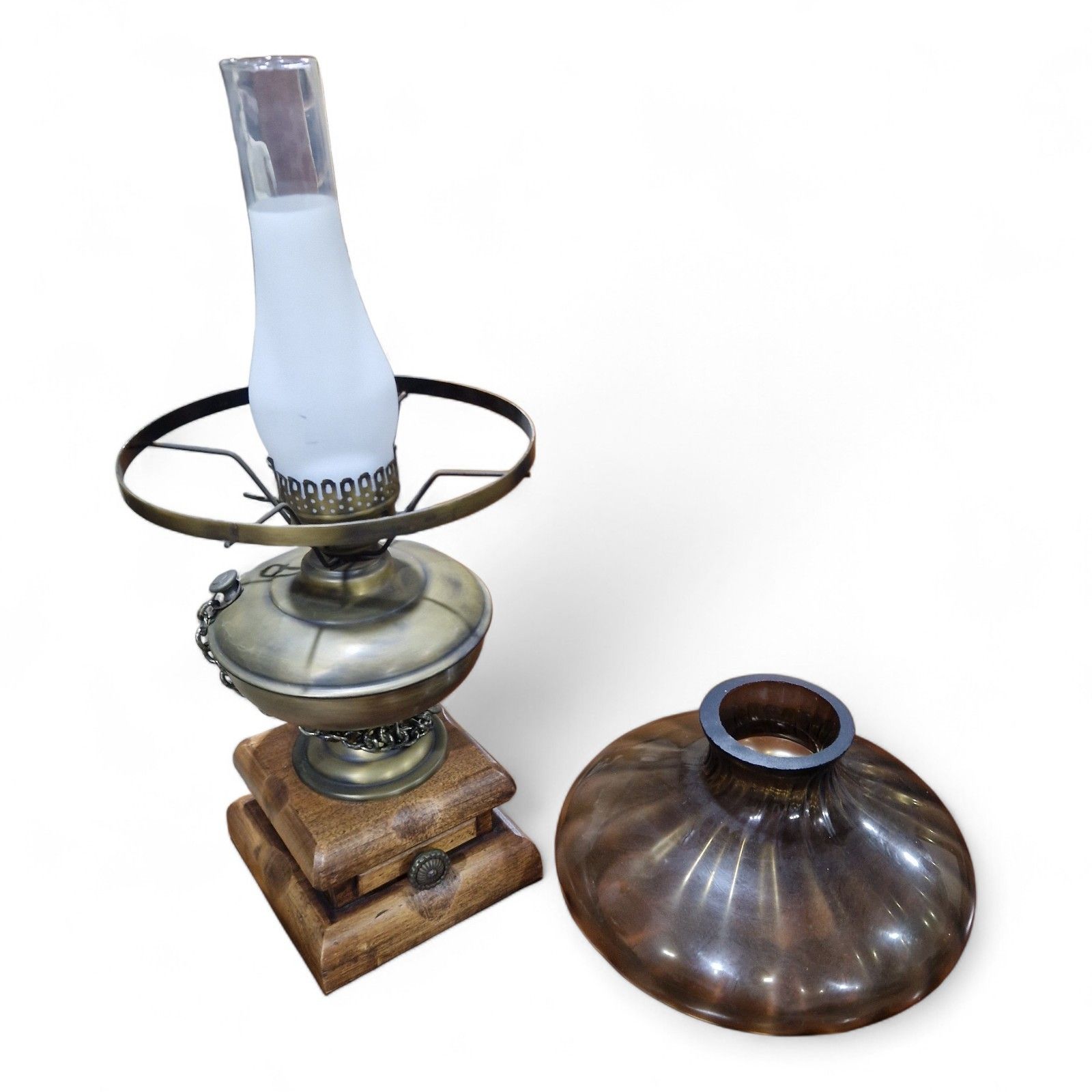 photo for sale Antique Desk Light Converted Glass Chimney Oil Lamp Smoked Glass Globe