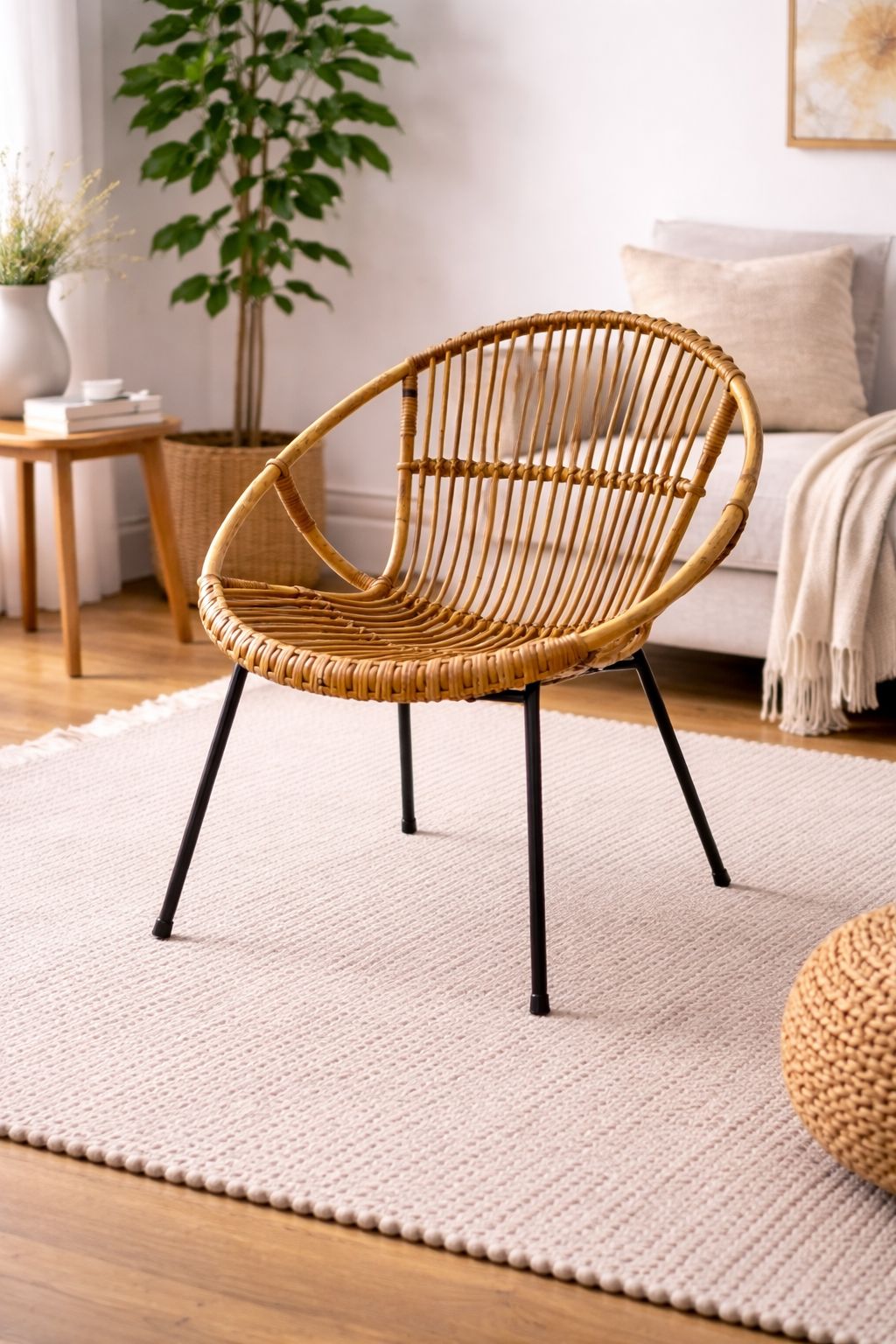 Vintage 1970s Rattan Accent Chair With Metal Legs – Franco Albini Inspired