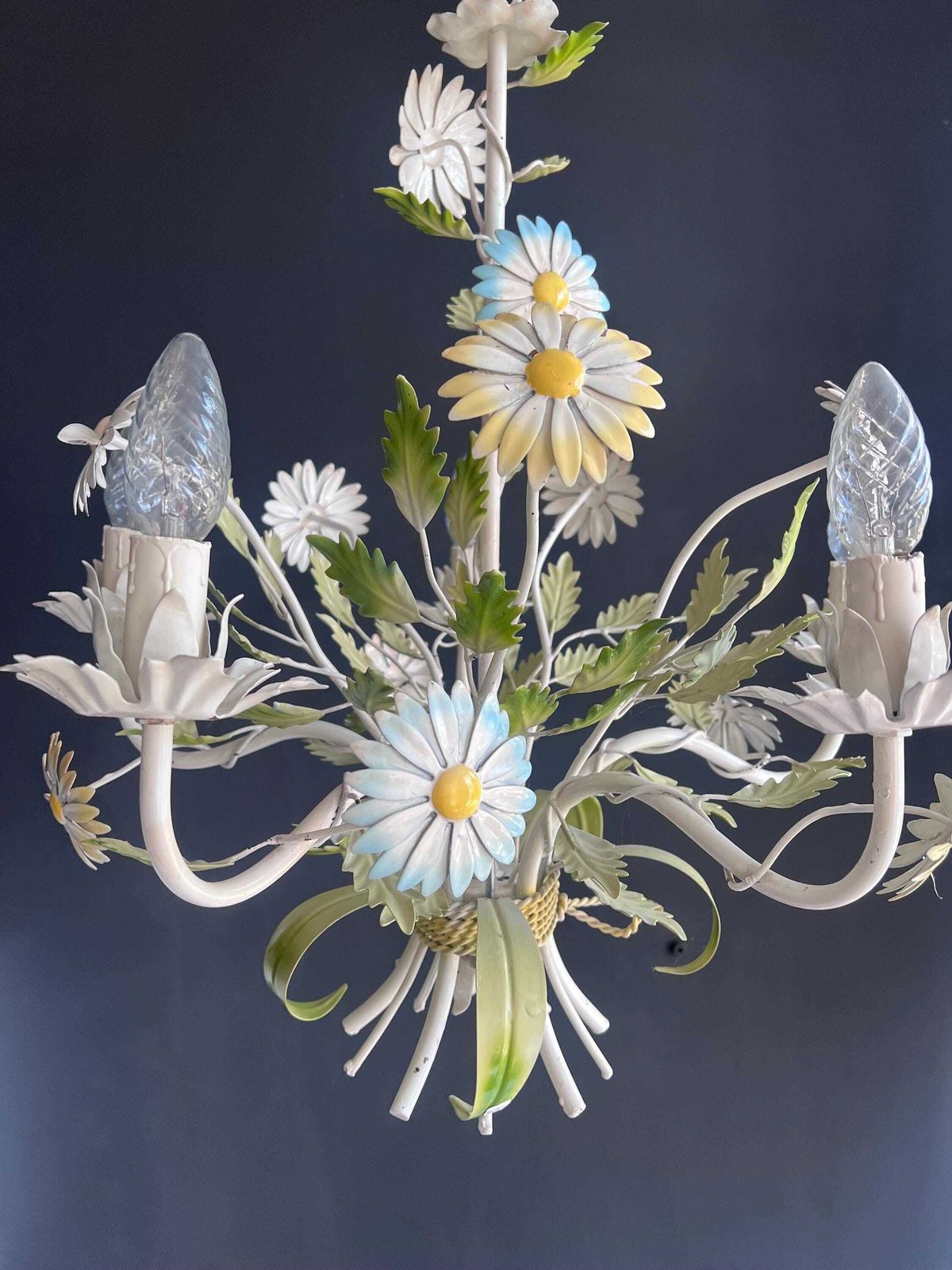 Vintage French Toleware Daisy Chandelier, Shabby Chic Floral Chandelier photo vintage