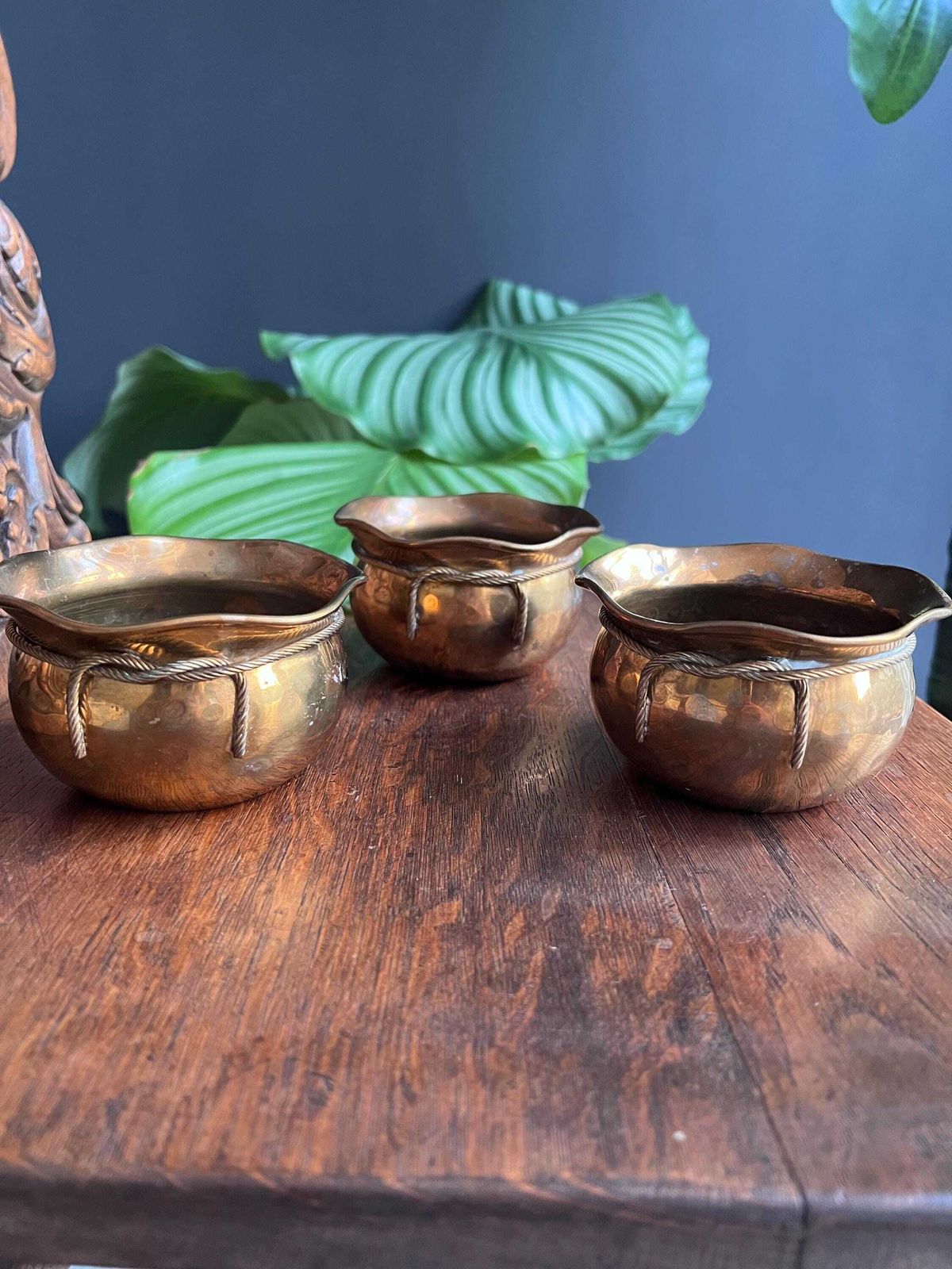 Vintage Brass Planters, Set Of 3 Small Hammered Plant Pots, Boho Succulent Cachepot