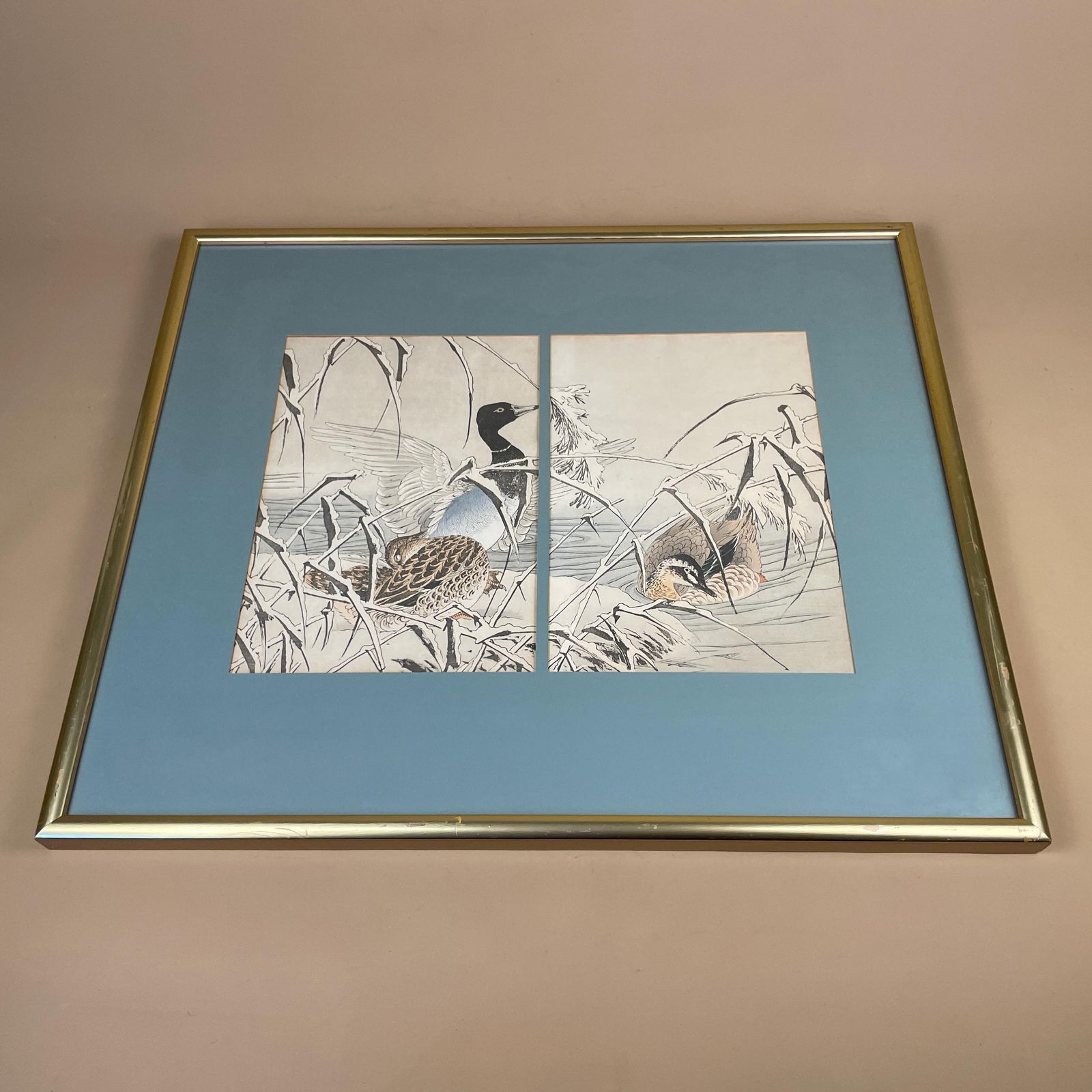 Oriental Art Japan Original Imao Keinen Picture Flowers & Birds Book Reed Duck Picture Framed Gold Antique Artwork Woodcut Print Japanese photo furniture