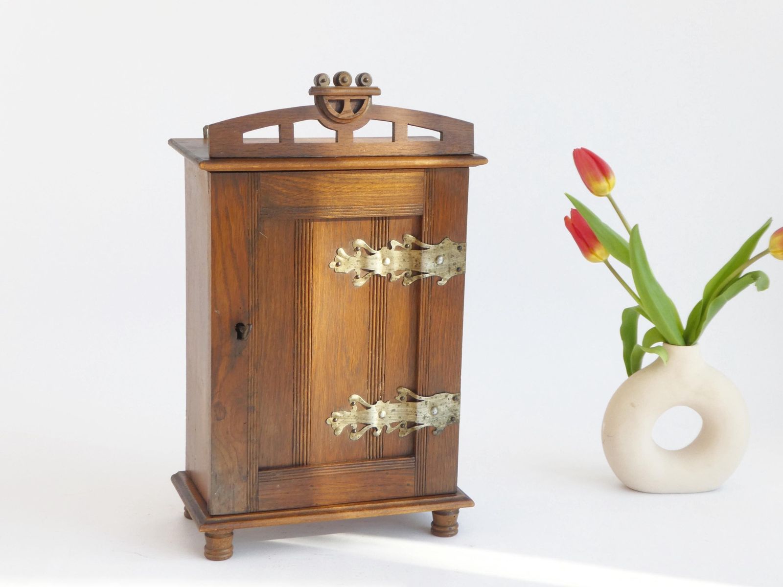 Antique Dutch Oak Medicine Cabinet With Brass Decor, Jugendstil Apothecary, Chest With Lock.