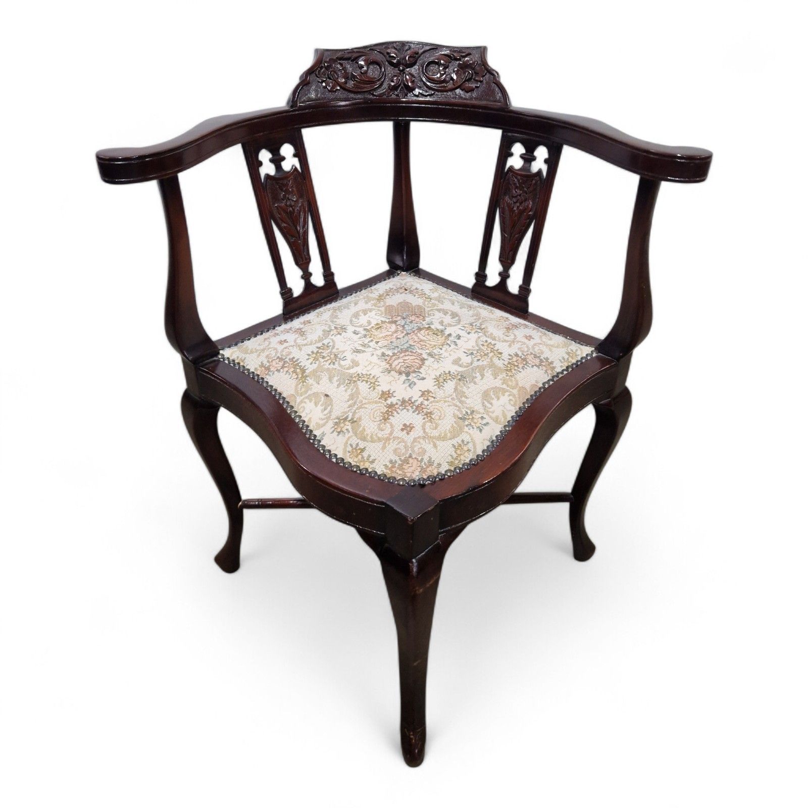 Victorian Corner Chair Carved Mahogany Bow Back Armchair Cabriole Legs Antique
