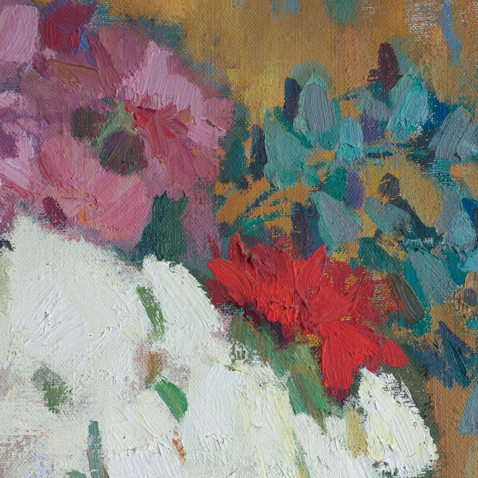 Bloemenstilleven – Coloristisch Olieverfschilderij – Gesigneerd (Kunstenaar Onbekend). photo Kunst