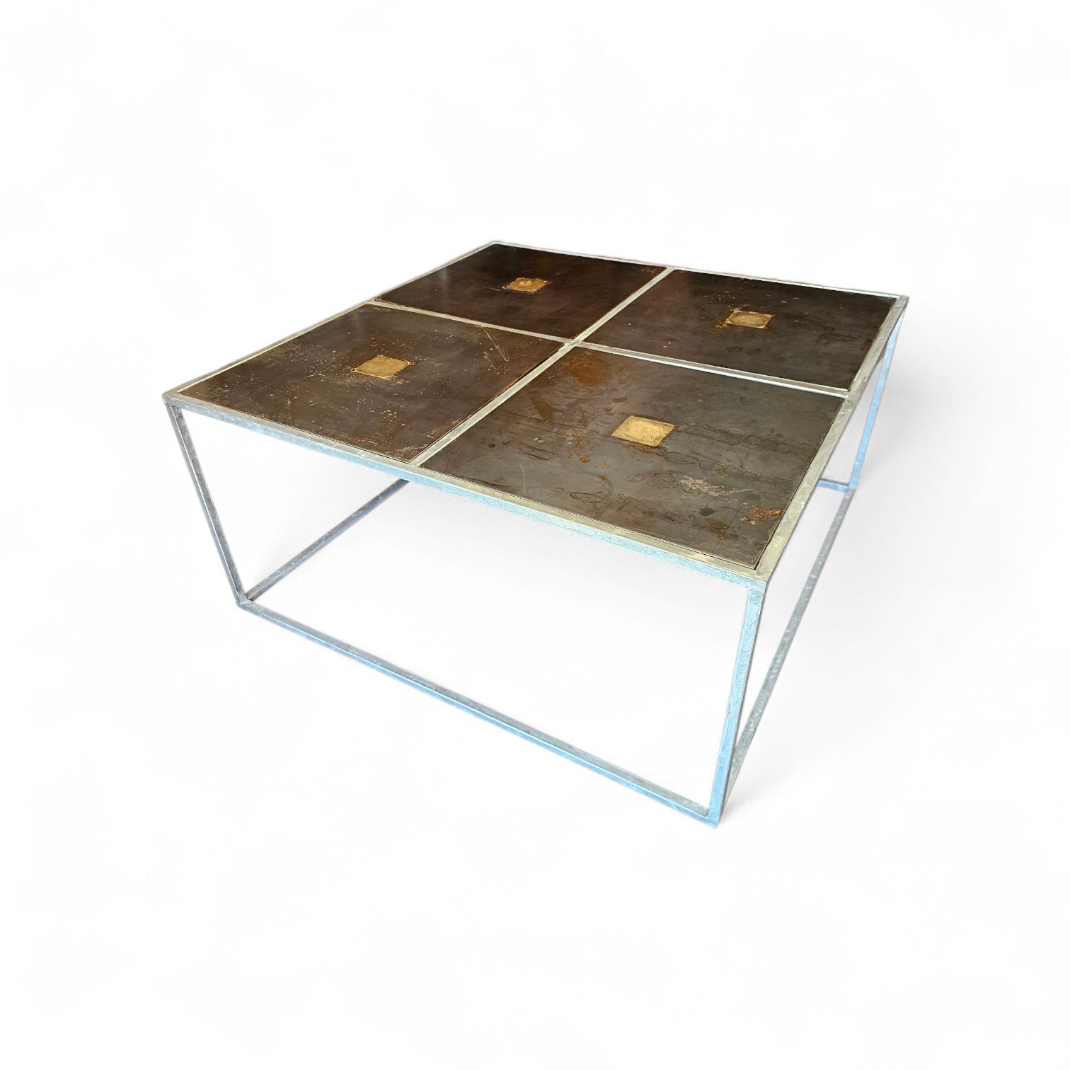 One Of A Kind Brutalist Coffee Table 1980s With Weighty Metal / Copper / Steel Tops / photo vinterior