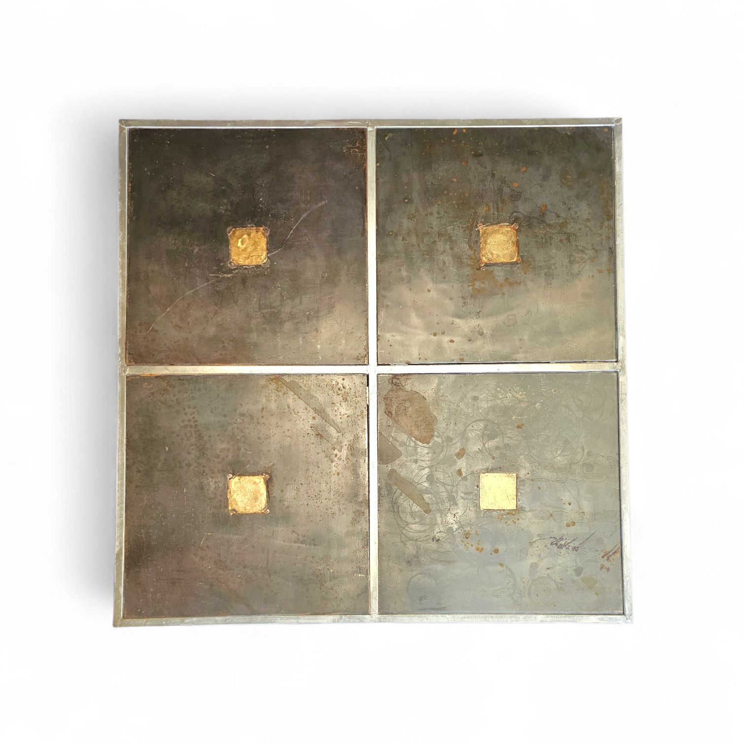 One Of A Kind Brutalist Coffee Table 1980s With Weighty Metal / Copper / Steel Tops / photo vintage