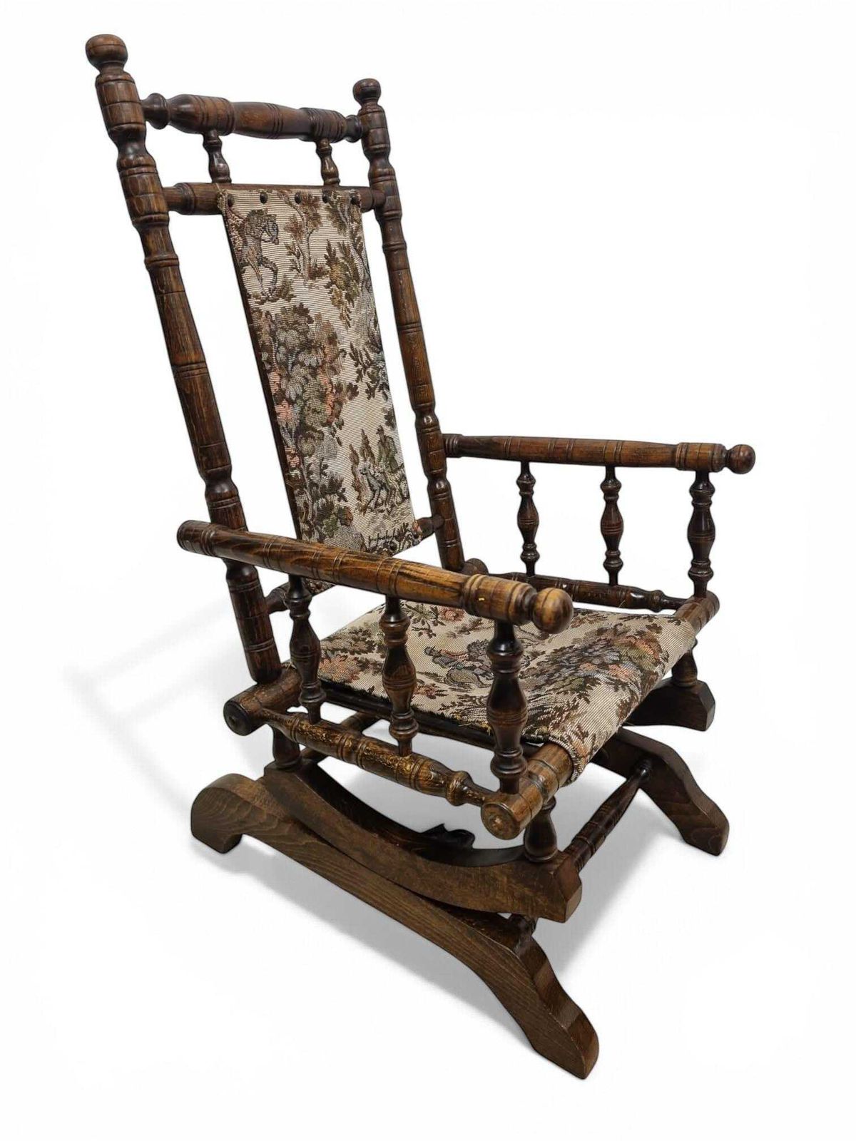 Antique Children Rocking Chair / Solid Wood / Tapestry Upholstery / C.1920. photo 225.0