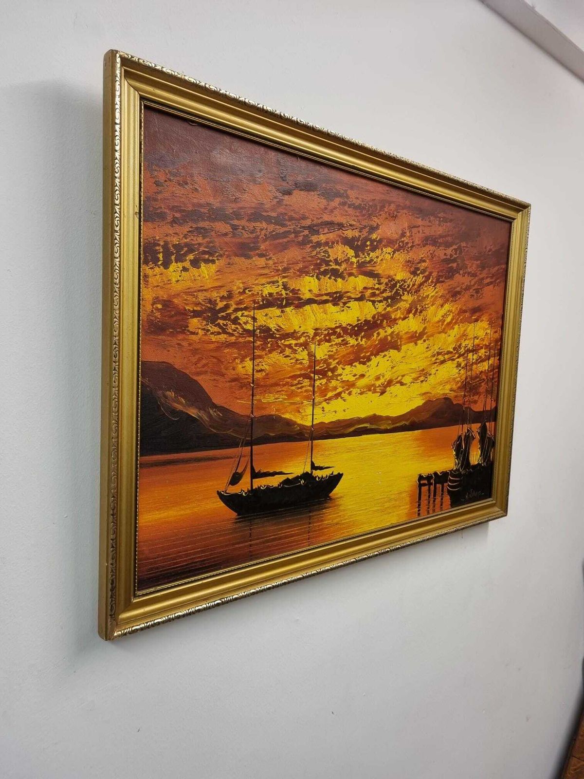 Vintage Oil Painting Sunset Harbour Scene / Signed A. Williams 1975. photo furniture