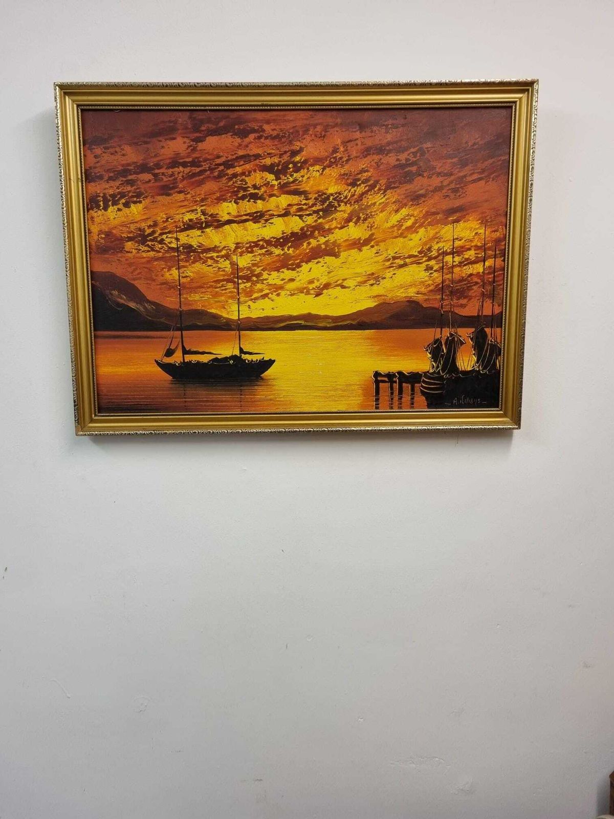 photo for sale Vintage Oil Painting Sunset Harbour Scene / Signed A. Williams 1975.