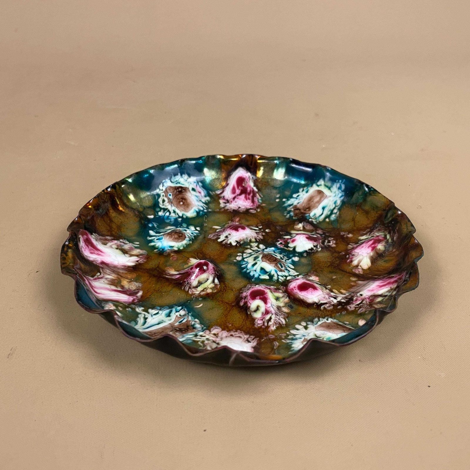 Vintage Esmaltes Garcia Enamel Metal Pink Gold Blue Trinket Dish Mid Century 1960's Patterned Tray Spanish Handmade Decorative Pattern photo furniture