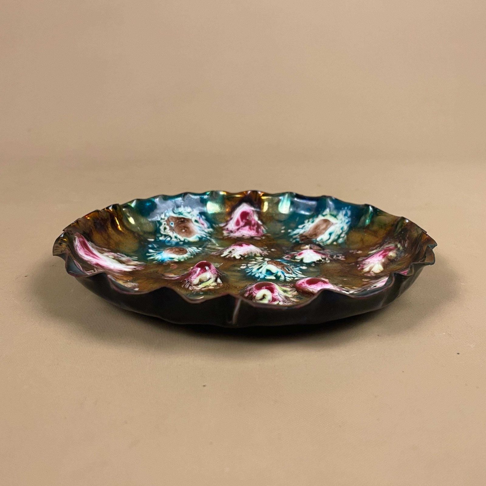 Vintage Esmaltes Garcia Enamel Metal Pink Gold Blue Trinket Dish Mid Century 1960's Patterned Tray Spanish Handmade Decorative Pattern photo 50.0