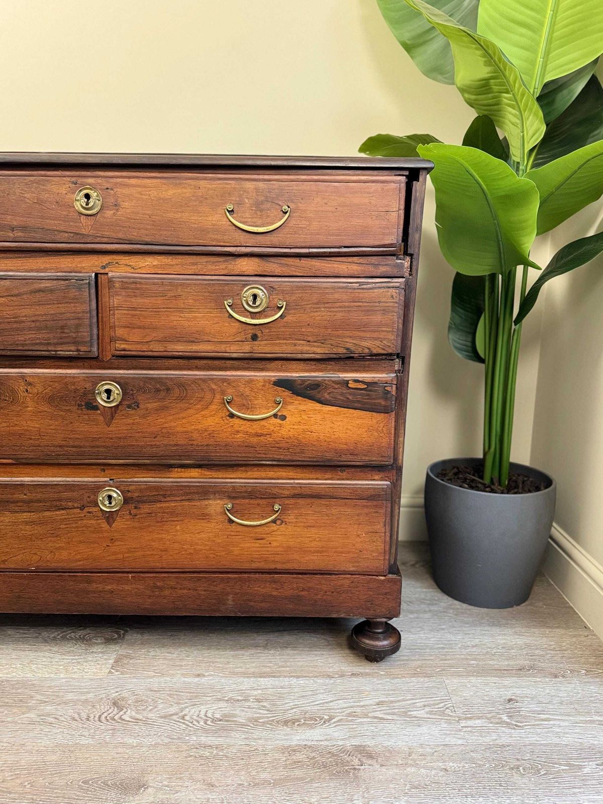 Solid Wood Rustic Dark Wood Antique Chest Of Drawers: Large 5 Drawer Dresser With Metal Handles photo furniture