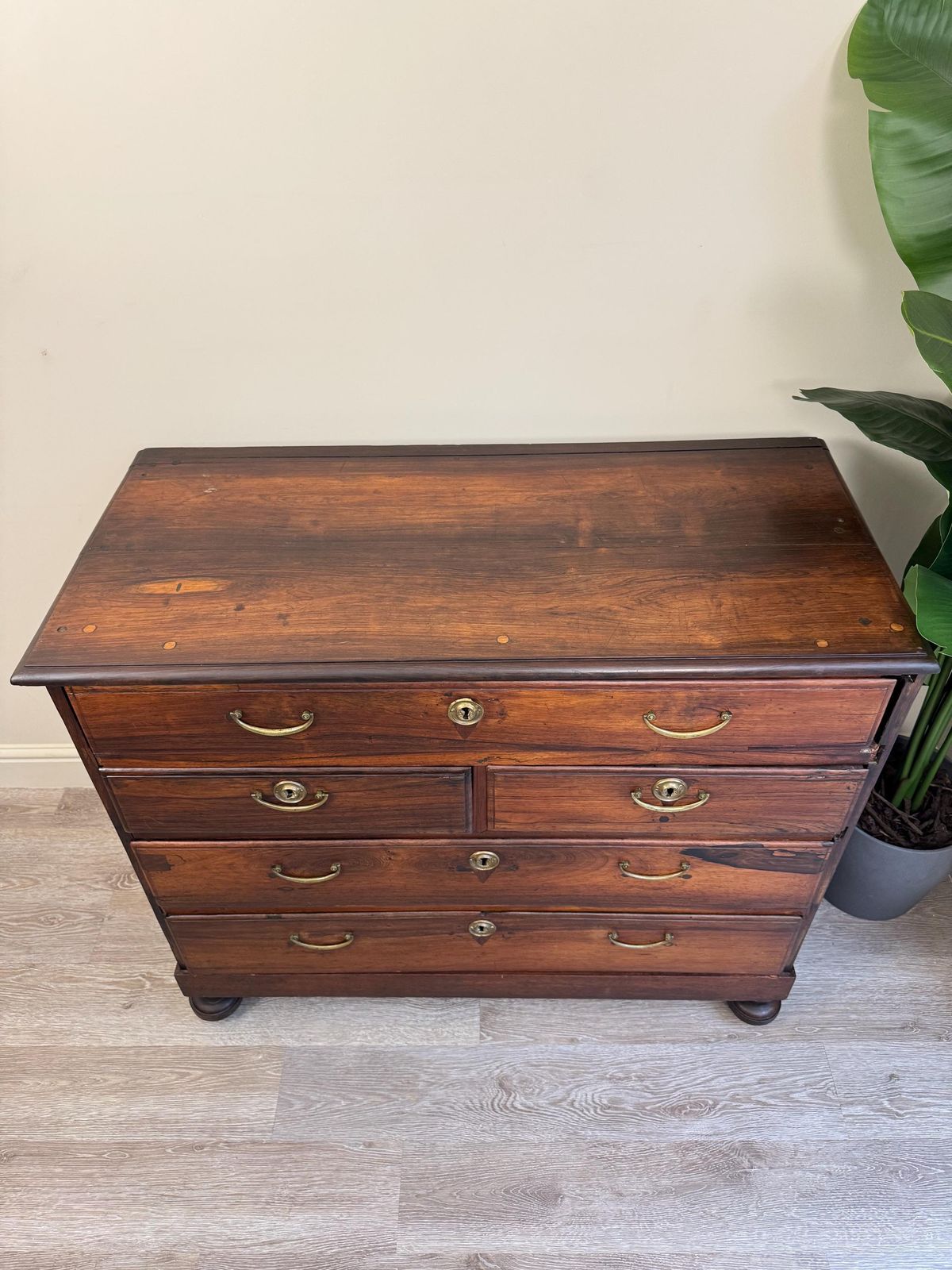 Solid Wood Rustic Dark Wood Antique Chest Of Drawers: Large 5 Drawer Dresser With Metal Handles photo for sale
