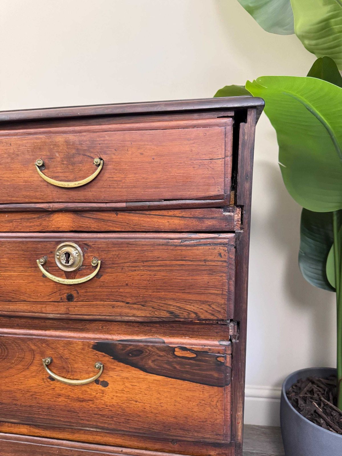 photo for sale Solid Wood Rustic Dark Wood Antique Chest Of Drawers: Large 5 Drawer Dresser With Metal Handles