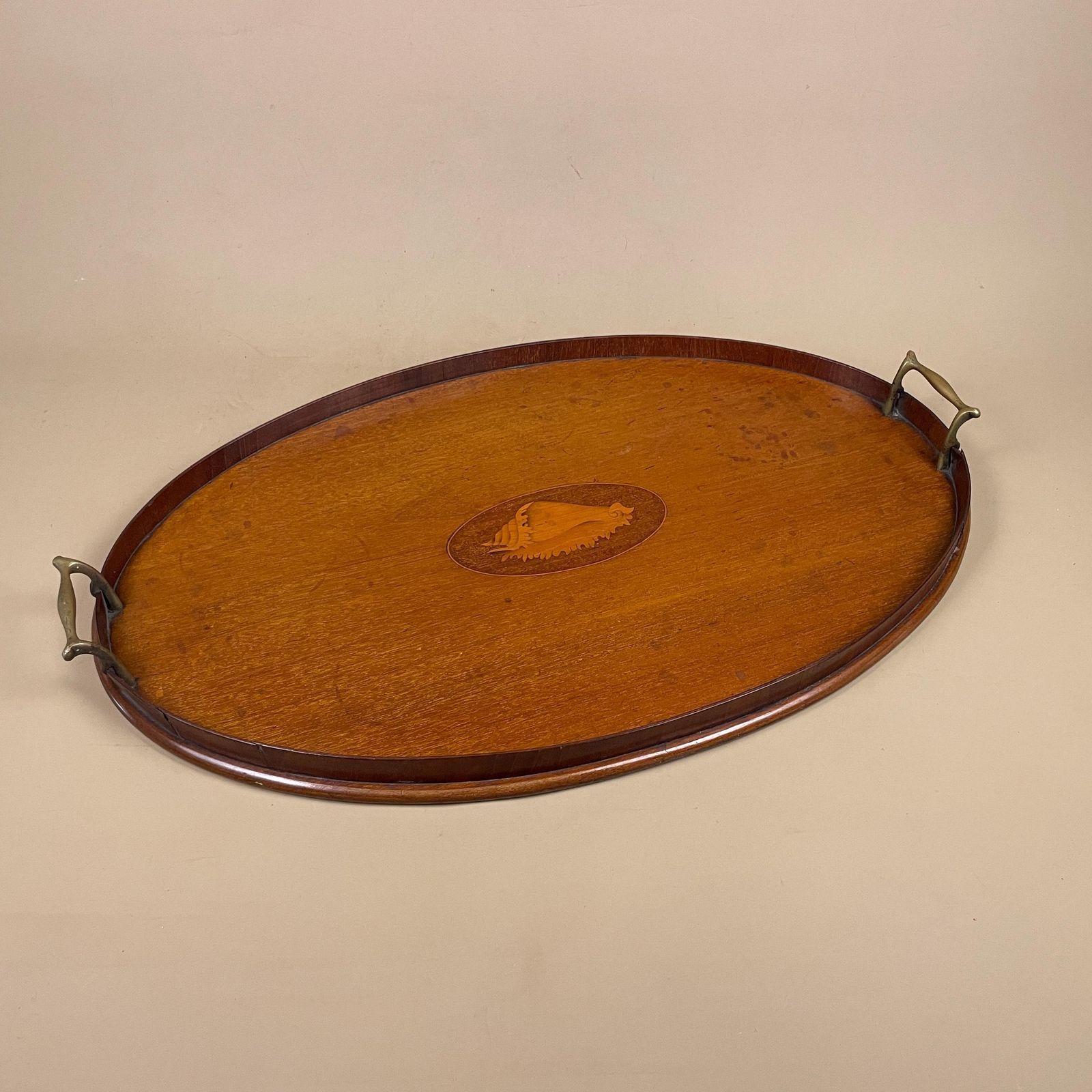 Antique Oval Wooden Tray Central Shell Motif Serving Display Tray Handmade Brass Handles Large Tea Tray Marquetry