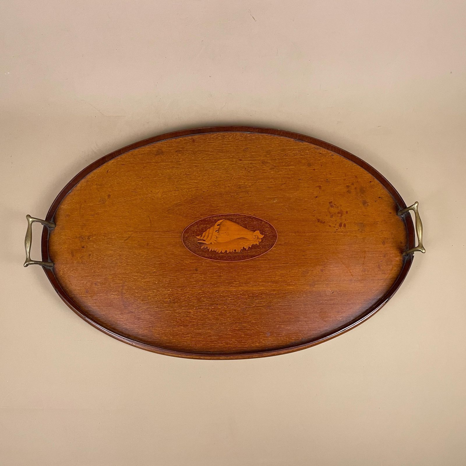 Antique Oval Wooden Tray Central Shell Motif Serving Display Tray Handmade Brass Handles Large Tea Tray Marquetry photo furniture