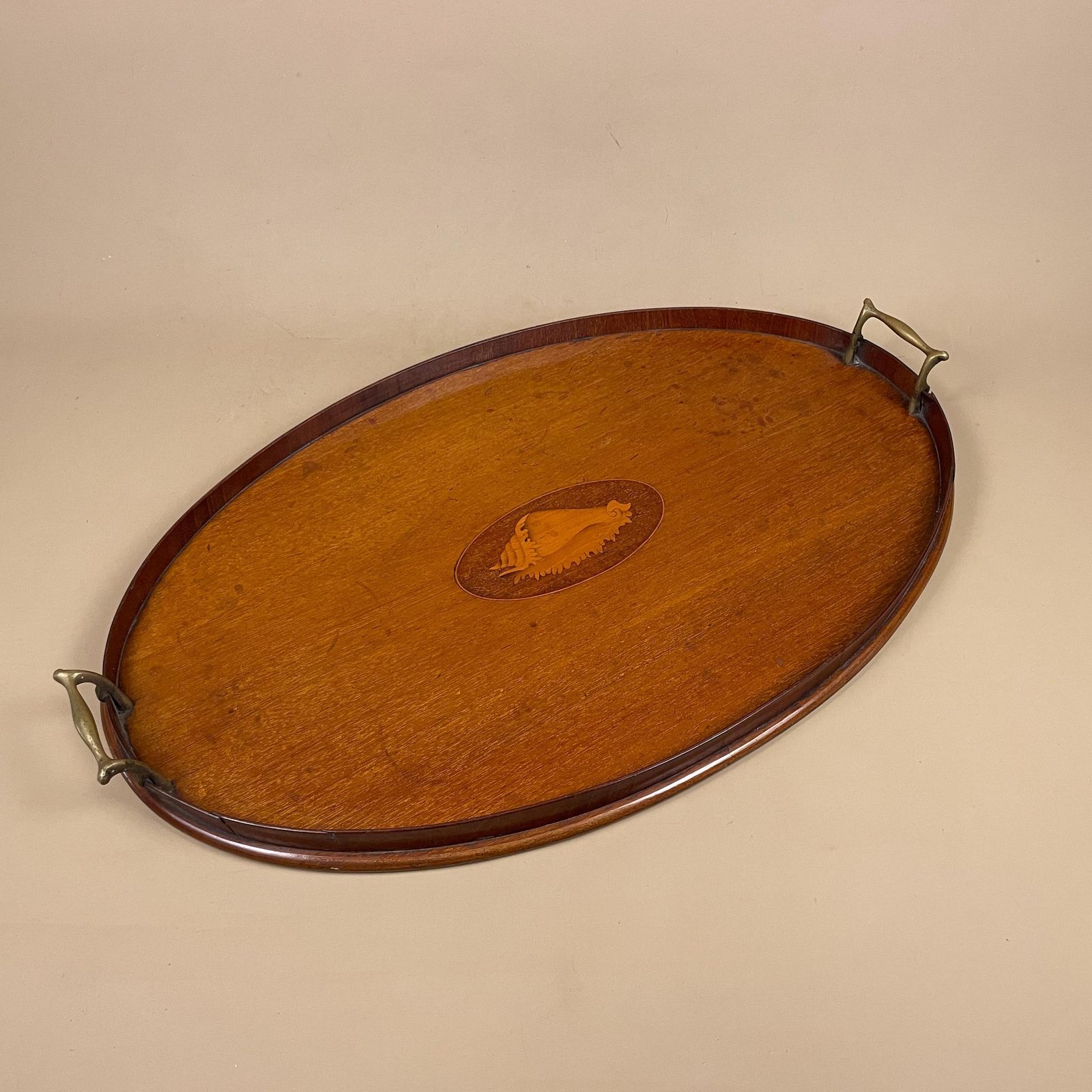 Home Decor Antique Oval Wooden Tray Central Shell Motif Serving Display Tray Handmade Brass Handles Large Tea Tray Marquetry photo