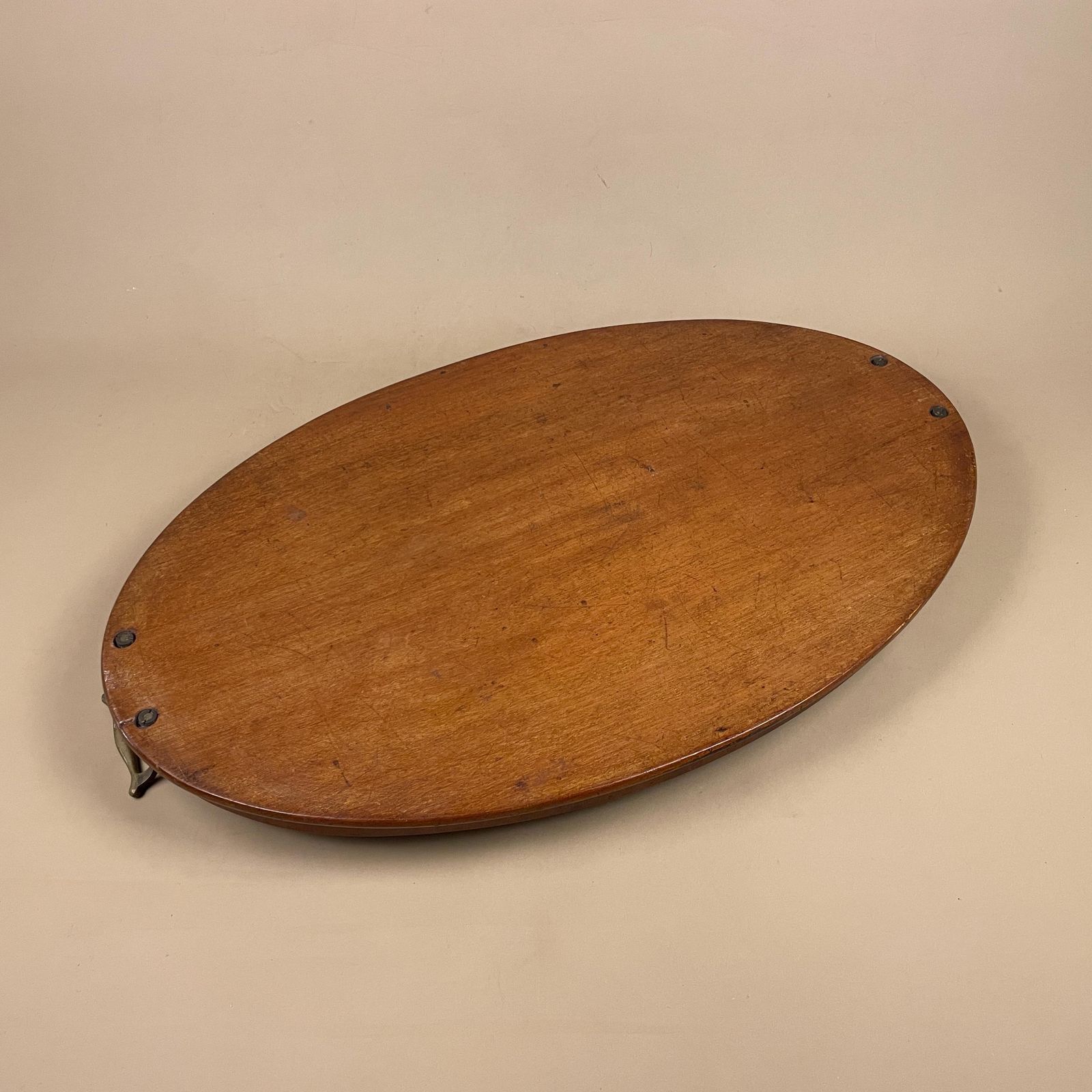 145.0 Antique Oval Wooden Tray Central Shell Motif Serving Display Tray Handmade Brass Handles Large Tea Tray Marquetry photo