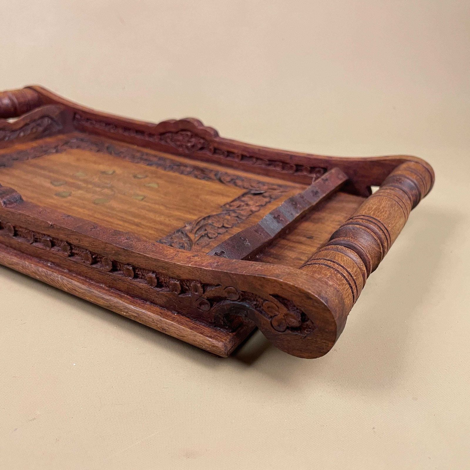 Antique Wooden Tray Handles Gold Metal Inlay Leaf Motif Rectangular Ornate Wood Original Display Serving Tea Tray photo for sale