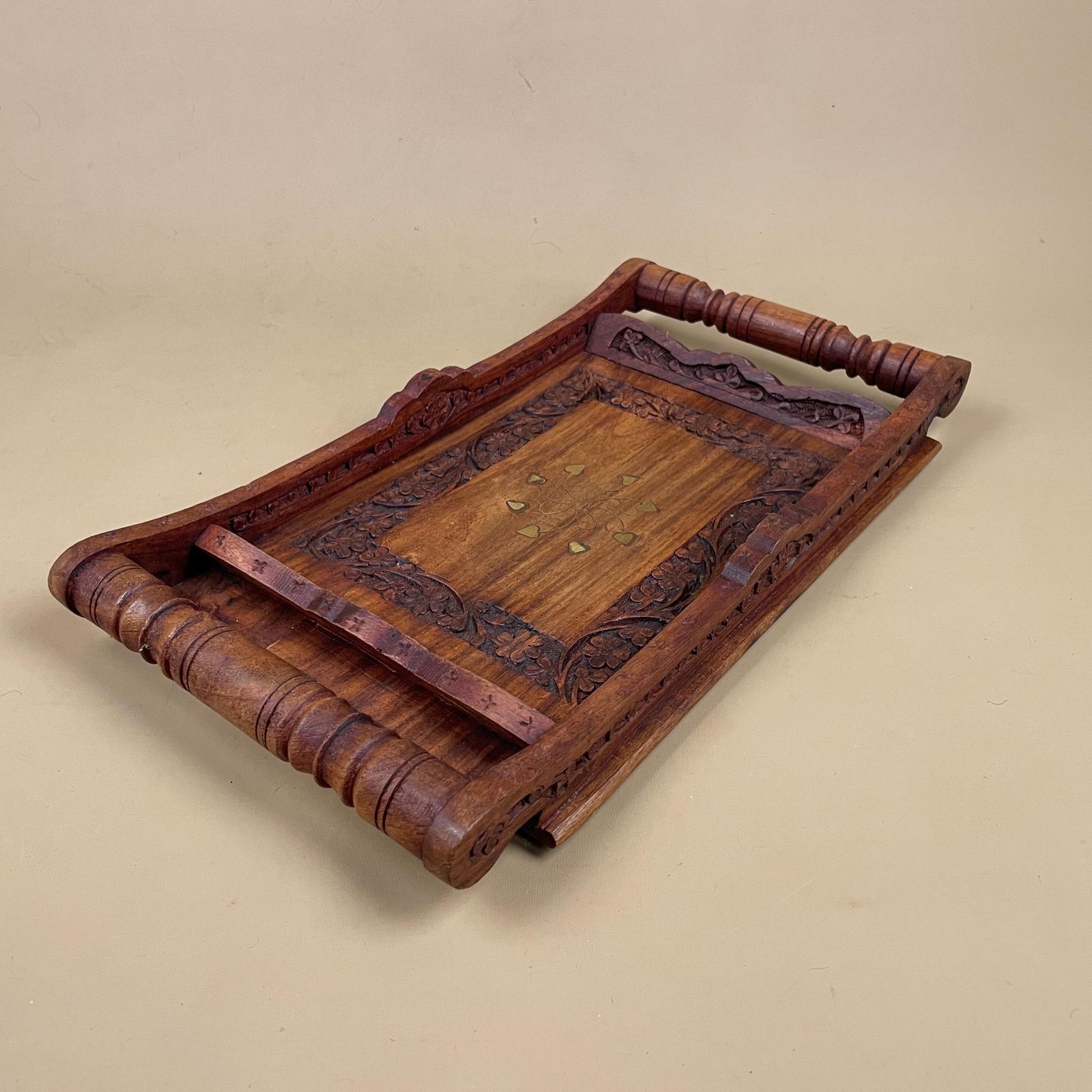 Antique Wooden Tray Handles Gold Metal Inlay Leaf Motif Rectangular Ornate Wood Original Display Serving Tea Tray photo vinterior