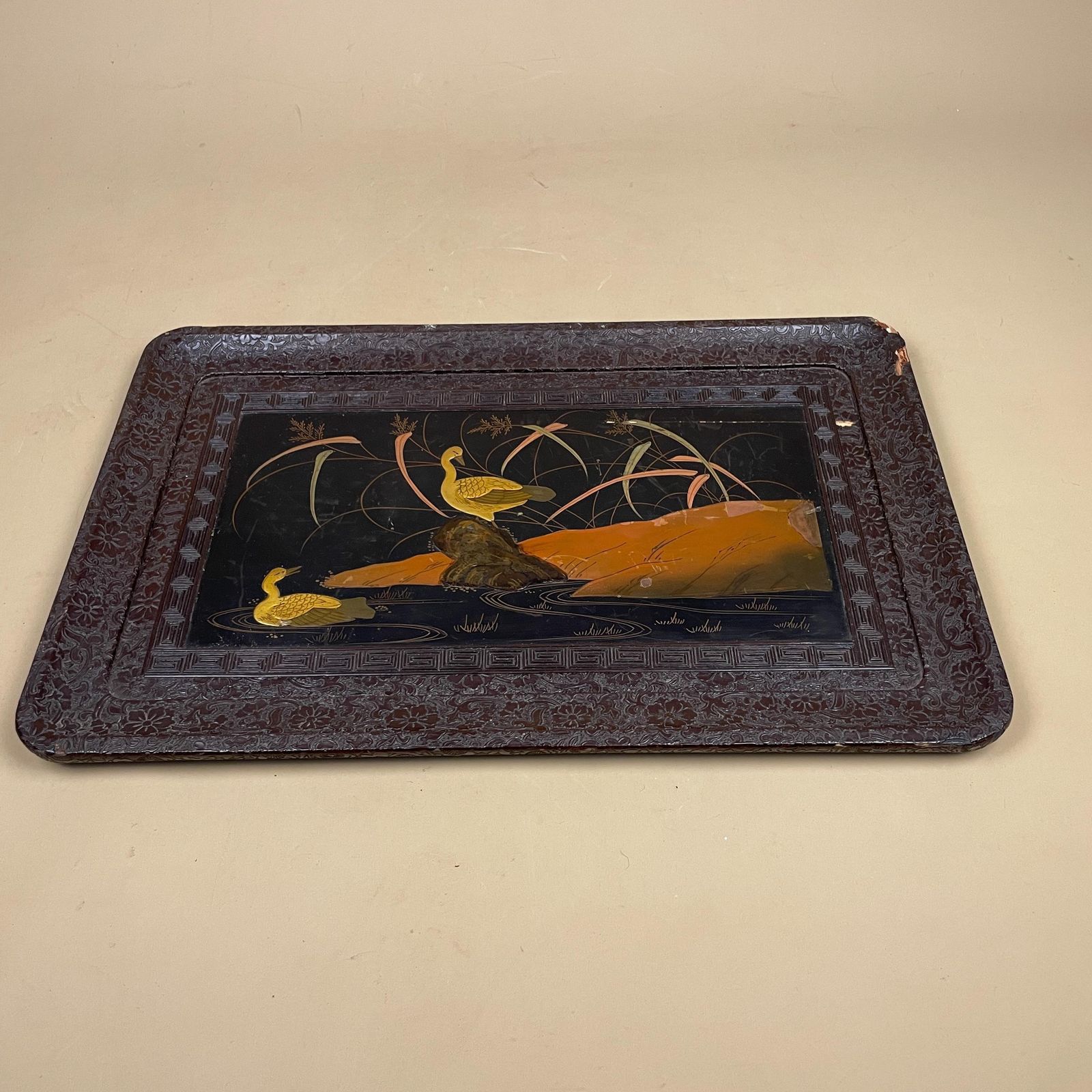 Japanese Tray Hand Painted Duck Scene Black Lacquer Wood Carving Hand Carved Rectangular Asian Oriental Antique Style photo furniture