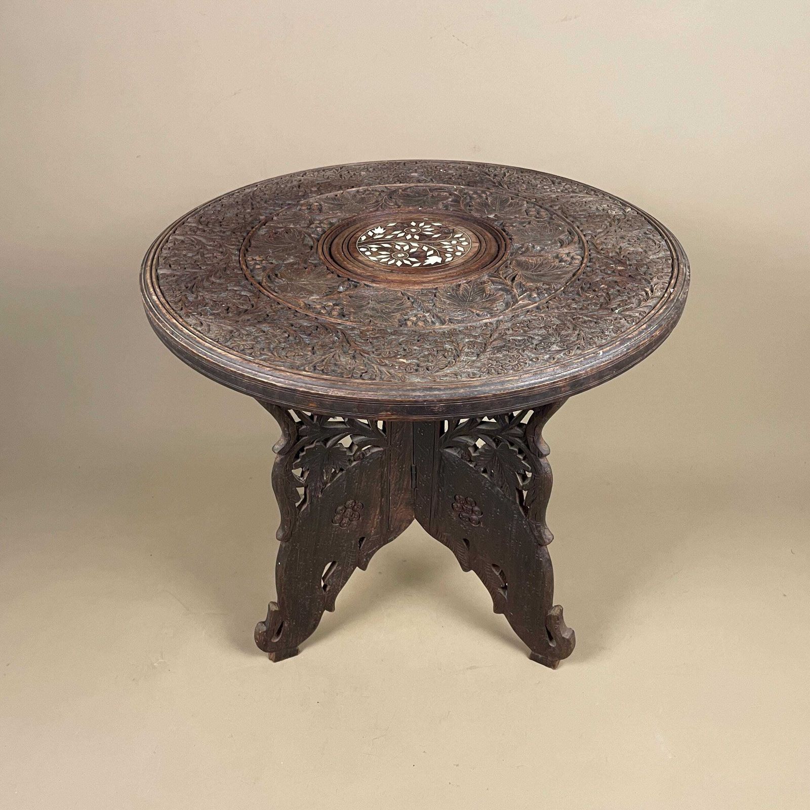 Indian Wooden Table Decorative Intricate Patterned Inlay Top Hand Crafted Round Vintage Antique Asian Plant Stand Floral Pattern Small Wood photo furniture