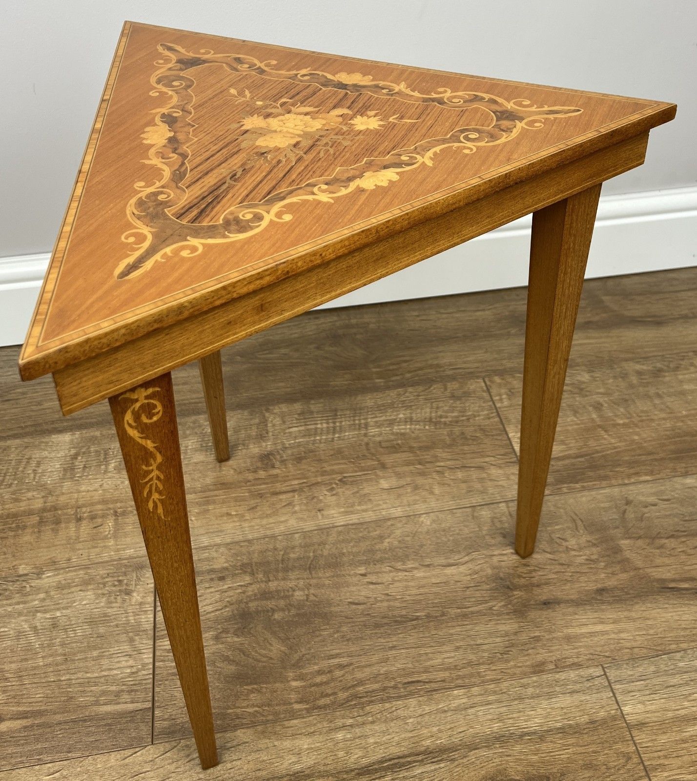 photo for sale Vintage French Nested Triangle Inlaid Set 3 Pieces Carved Tables Lot 4906