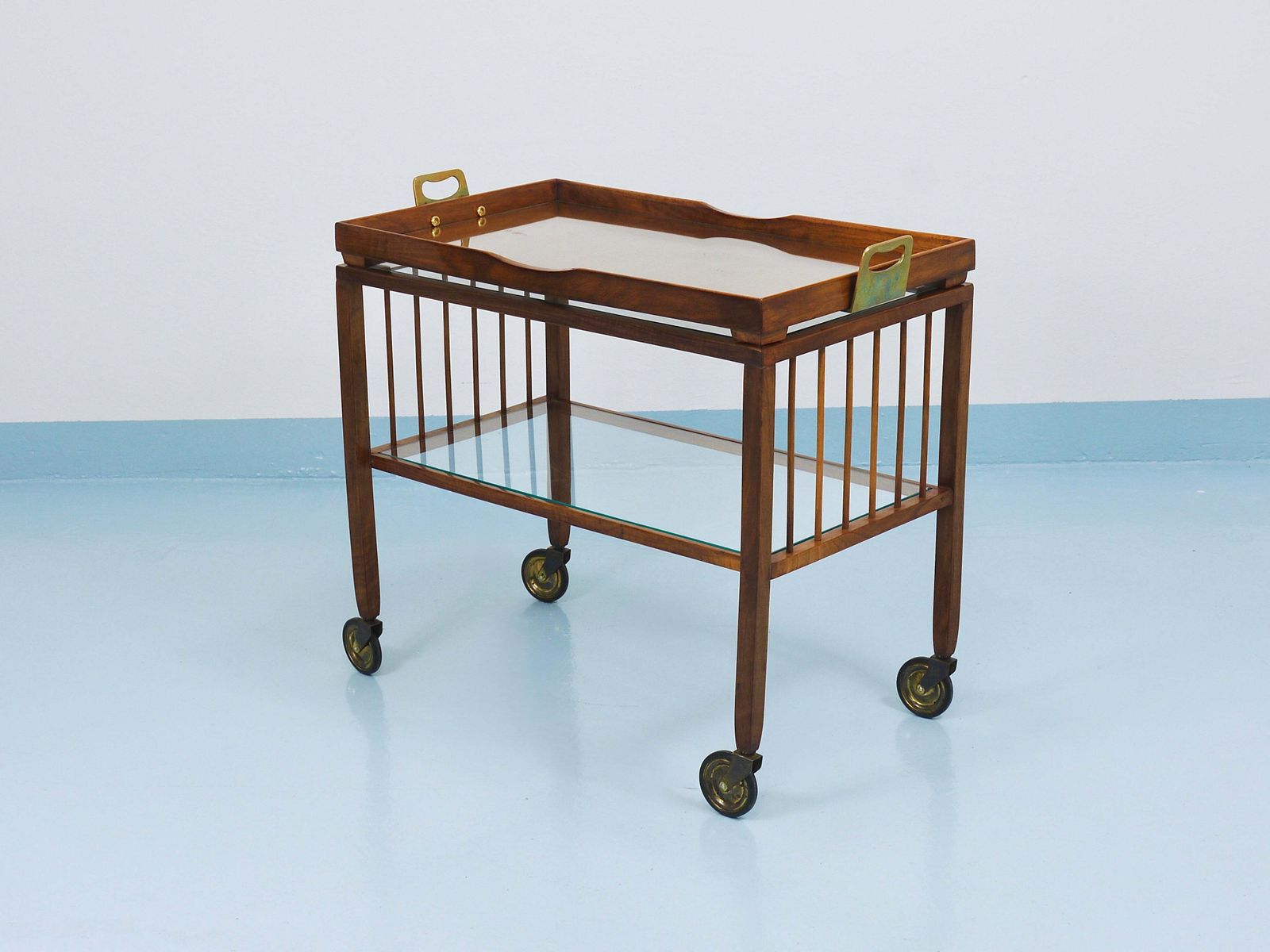 Oswald Haerdtl Vienna Modernism Walnut & Brass Bar Cart, Serving Trolley, 1950s