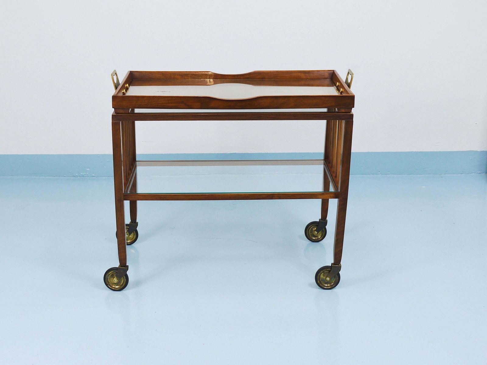 Oswald Haerdtl Vienna Modernism Walnut & Brass Bar Cart, Serving Trolley, 1950s photo furniture