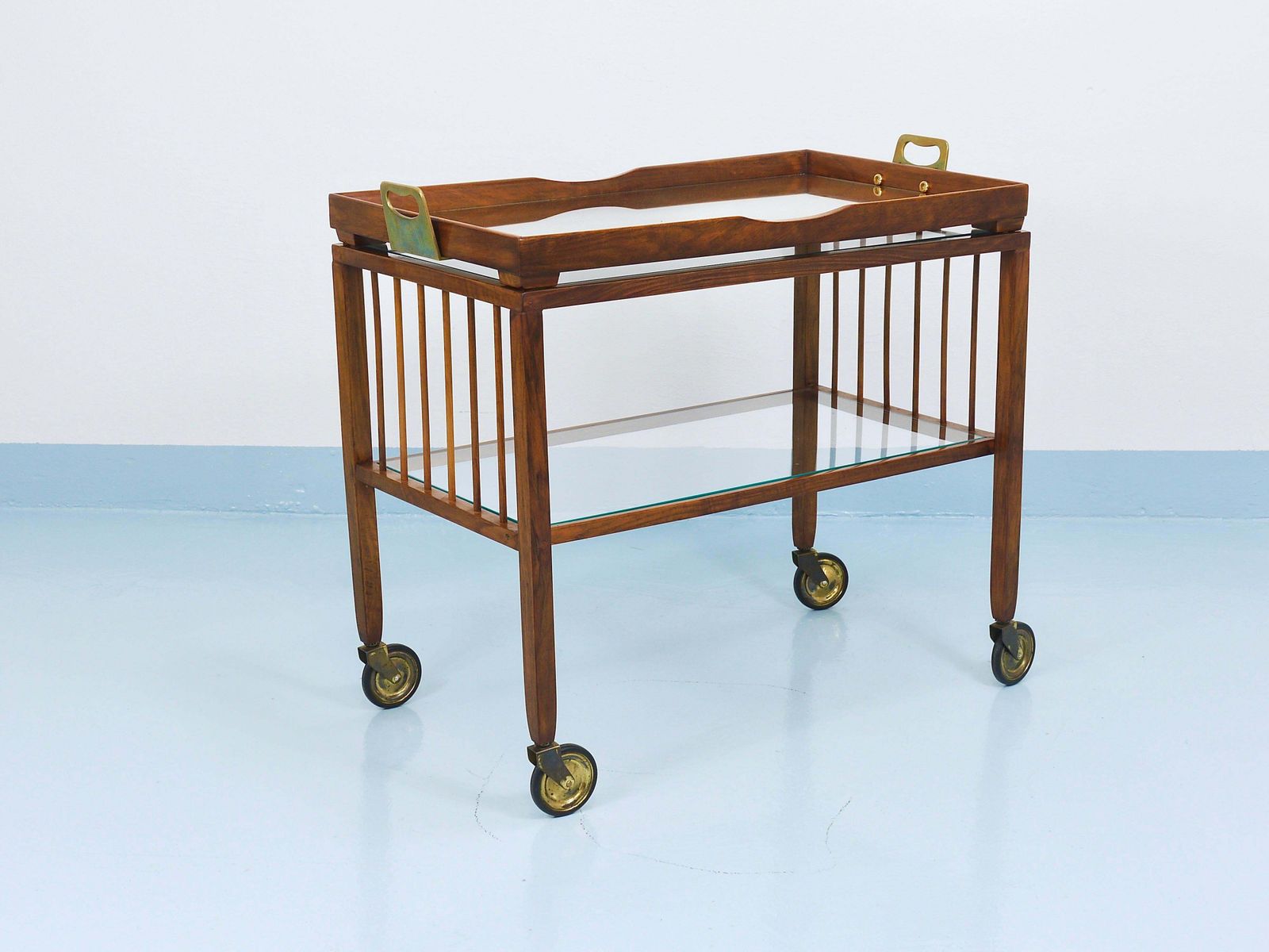 Oswald Haerdtl Vienna Modernism Walnut & Brass Bar Cart, Serving Trolley, 1950s photo vintage
